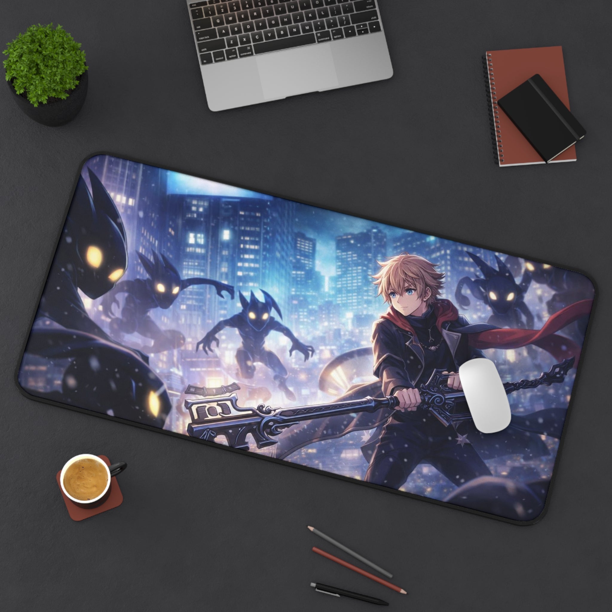 Anime Battle Desk Mat — Hero with Keyblade in Neon City