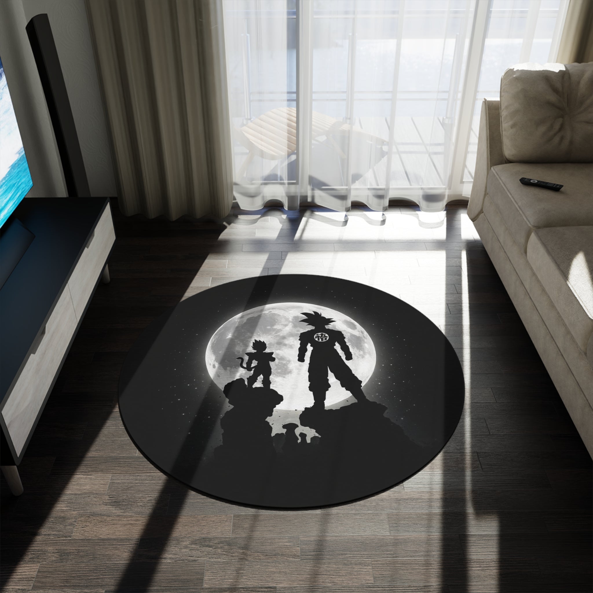 Silhouette Saiyan Moon Round Rug | Anime Dragon Warrior Moonlight