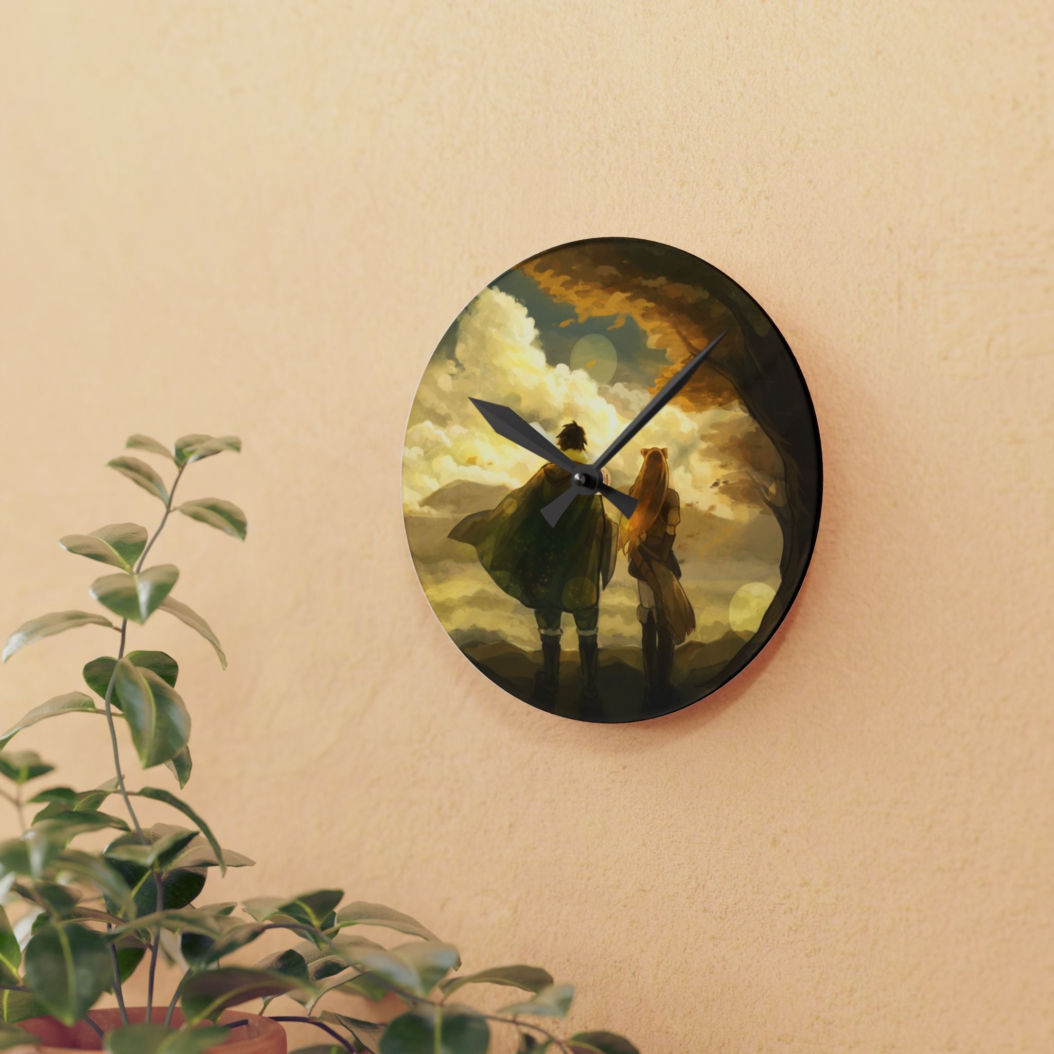 Sunlit Companions Acrylic Wall Clock | Fantasy Landscape, Cozy Atmosphere
