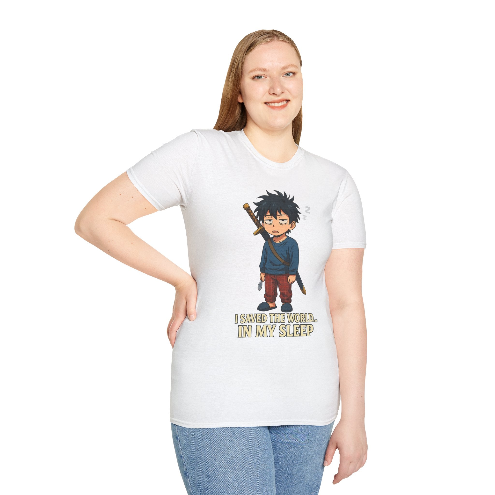 I Saved the World... In My Sleep Unisex Softstyle T-Shirt | Perfect for Sleep Lovers, Casual Wear, Gifts, Anime Fans, Fun Tee