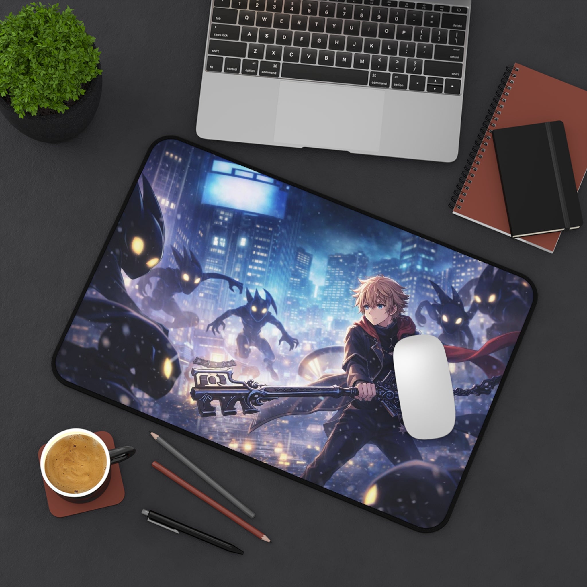 Anime Battle Desk Mat — Hero with Keyblade in Neon City