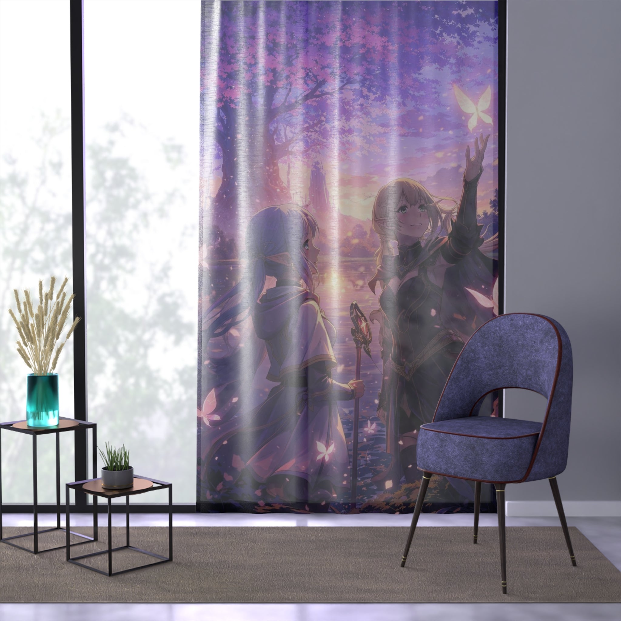 Dreamy Anime Window Curtain — Twilight Girls & Butterflies Sheer Panel