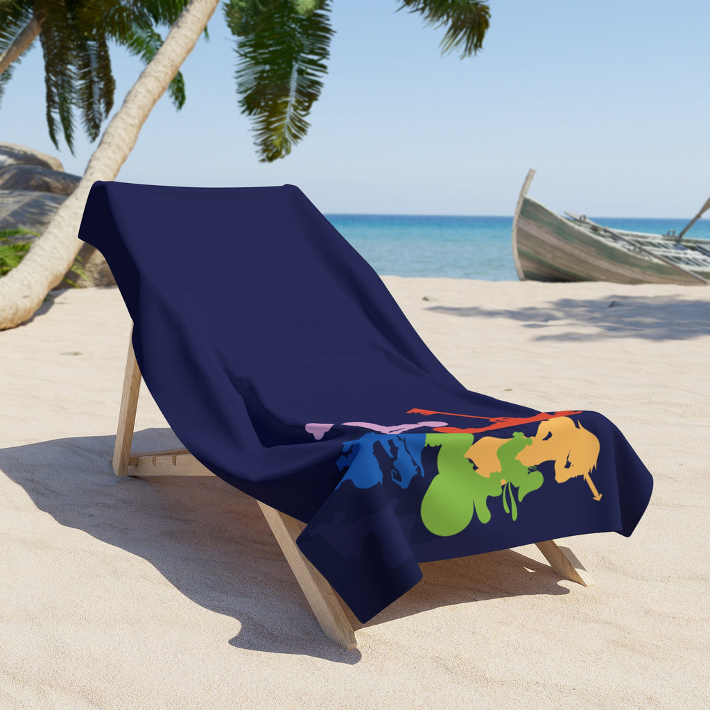Colorful Mermaid Silhouette Beach Towel | Navy Ocean Stripe
