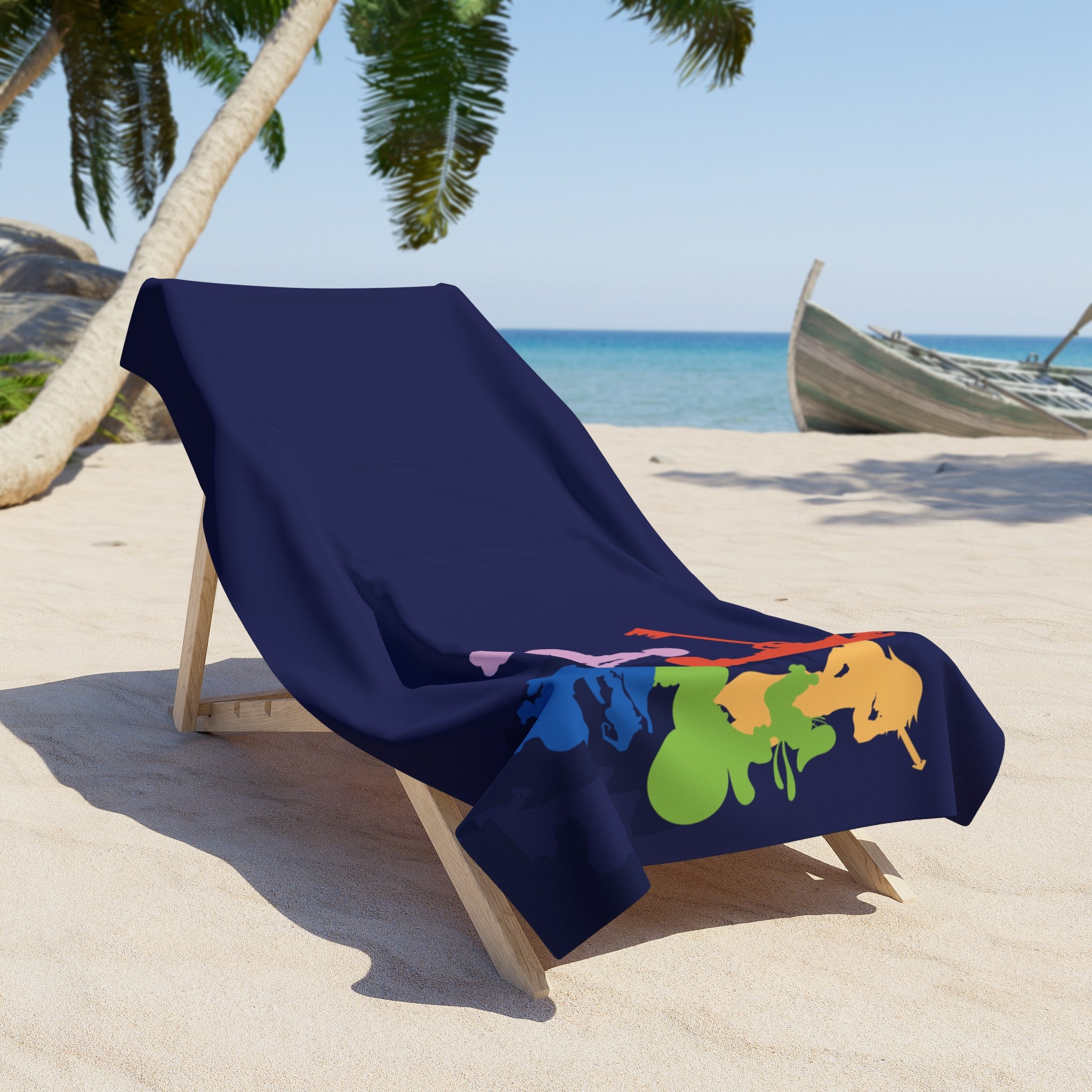 Colorful Mermaid Silhouette Beach Towel | Navy Ocean Stripe