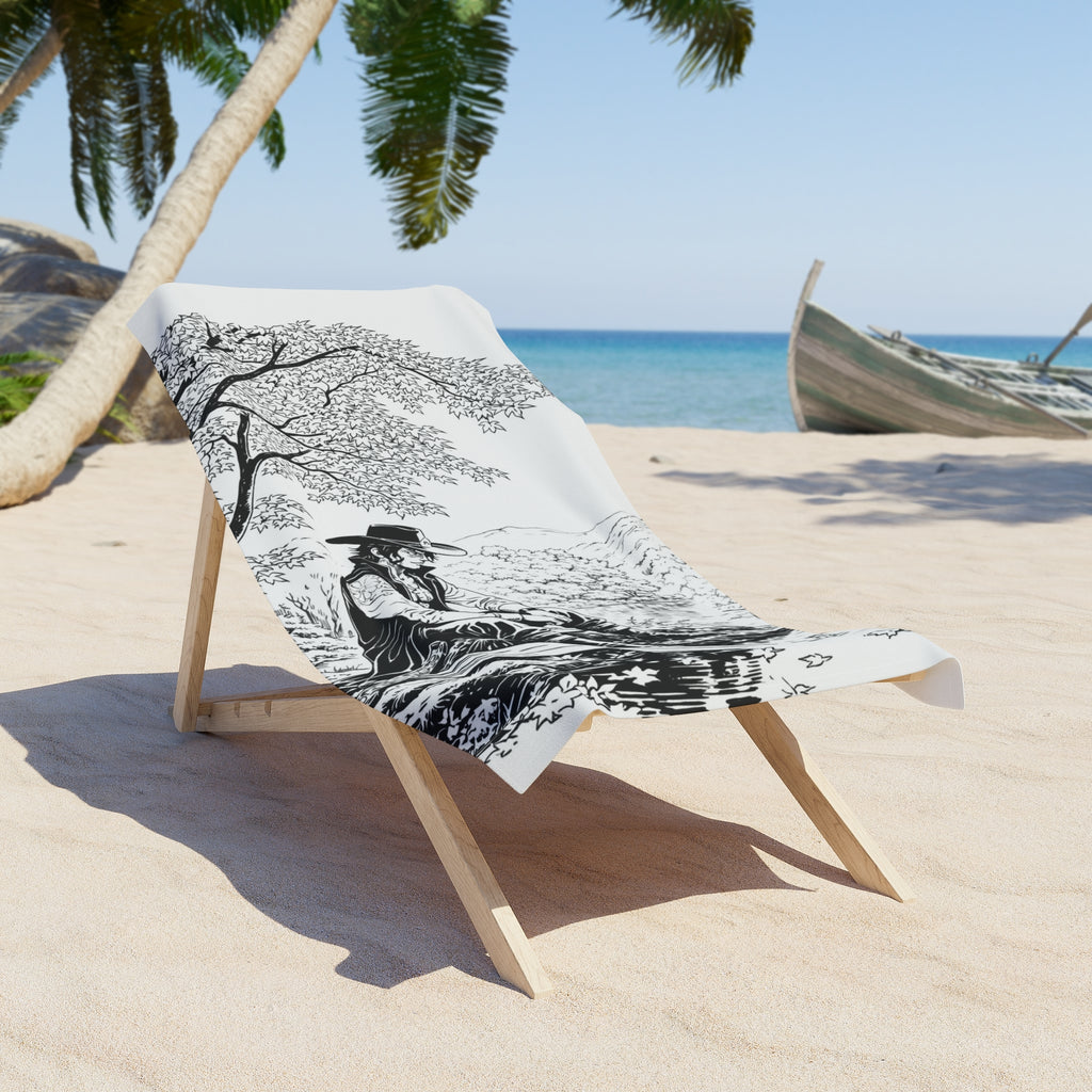 Fisherman Under Tree Beach Towel | Monochrome Fishing Scene