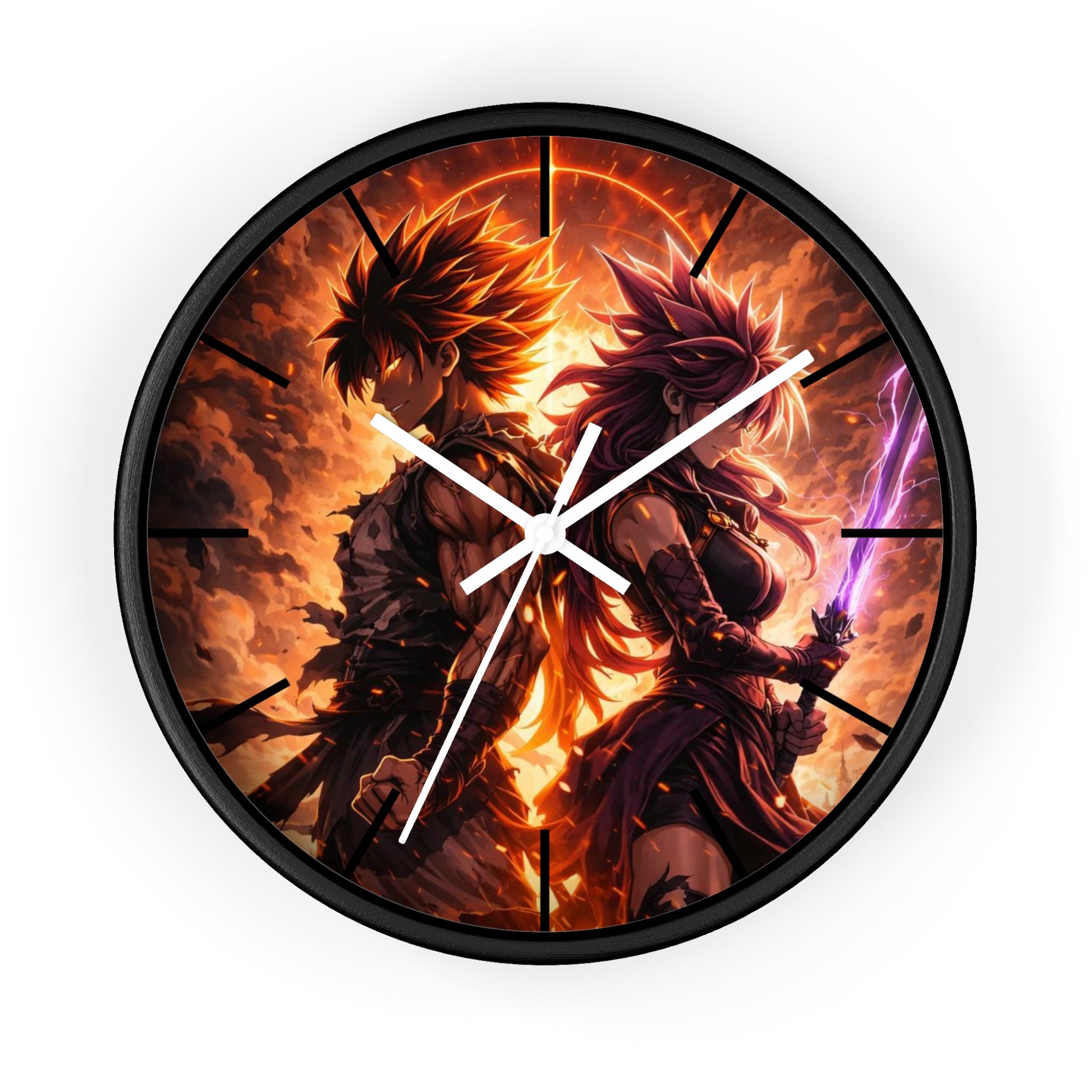 Fiery Warrior Duo Wall Clock | Fantasy Anime Swordfighters, Glowing Battle Scene