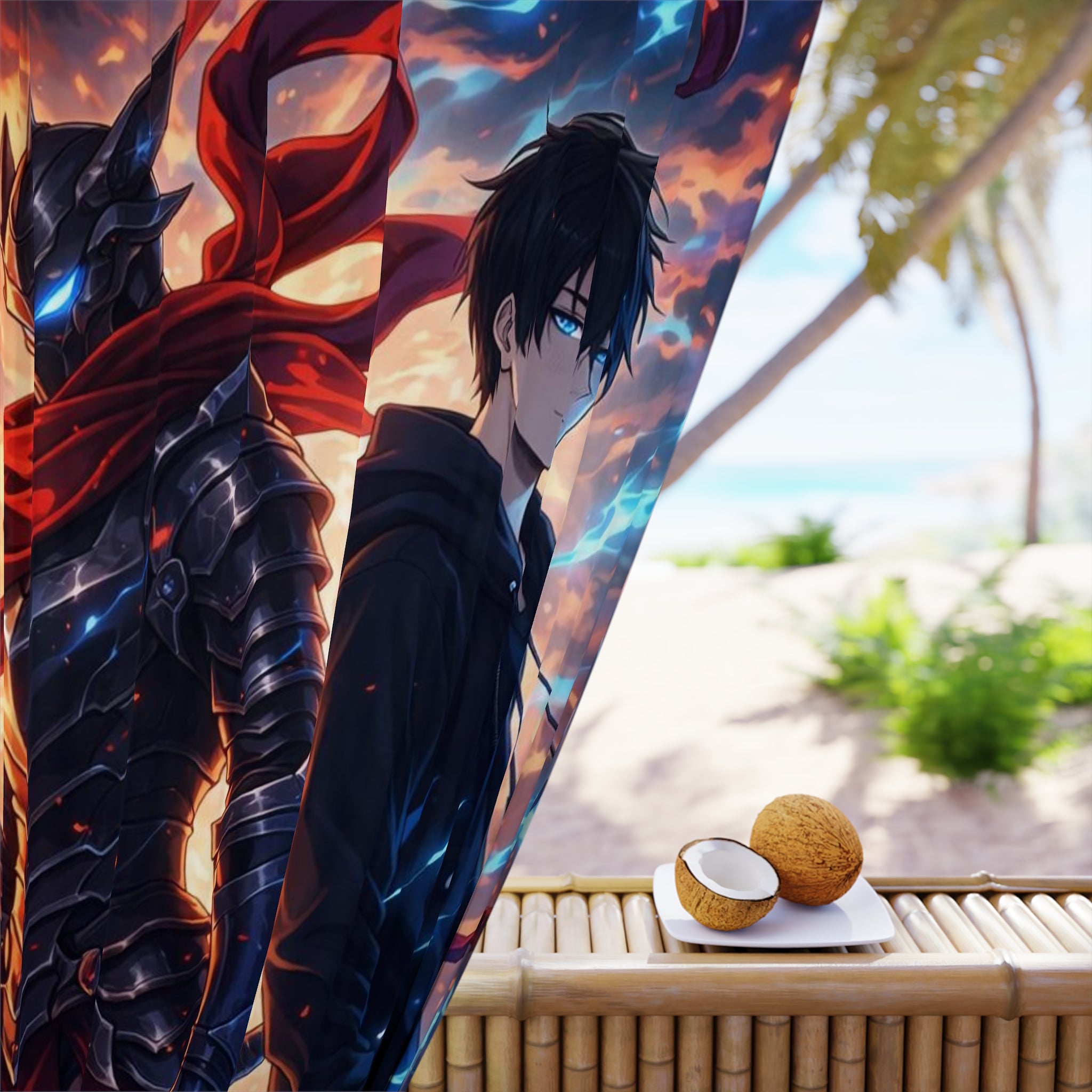 Anime Dark Knight & Hero Window Curtain – Epic Flame & Lightning Wall Drape