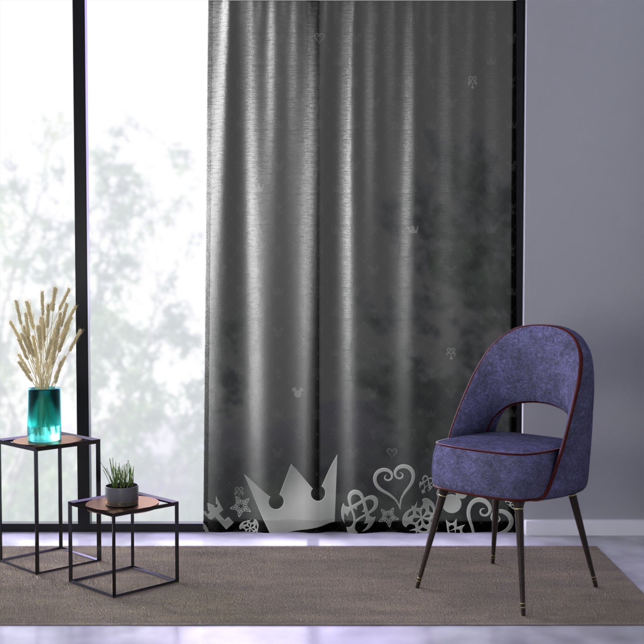 Crown Hearts Pattern Window Curtain | Sheer Black Decorative Curtain Panel