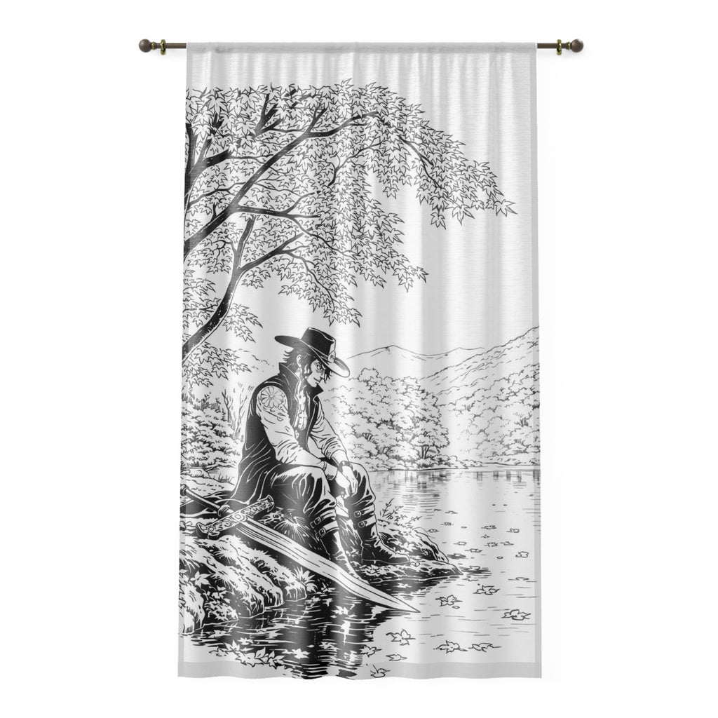 Cowboy Sitting by Lake Window Curtain | Monochrome Western Scene