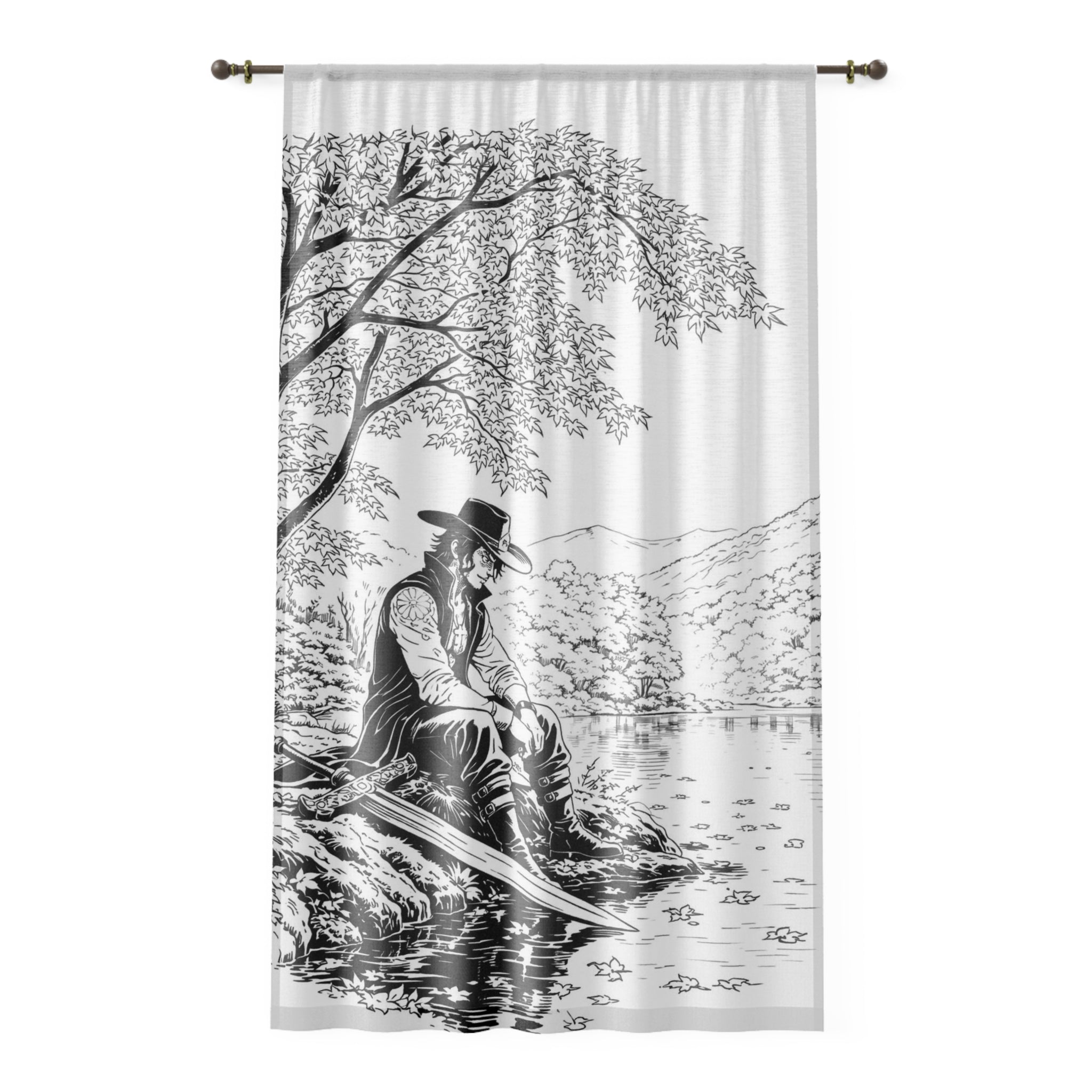 Cowboy Sitting by Lake Window Curtain | Monochrome Western Scene