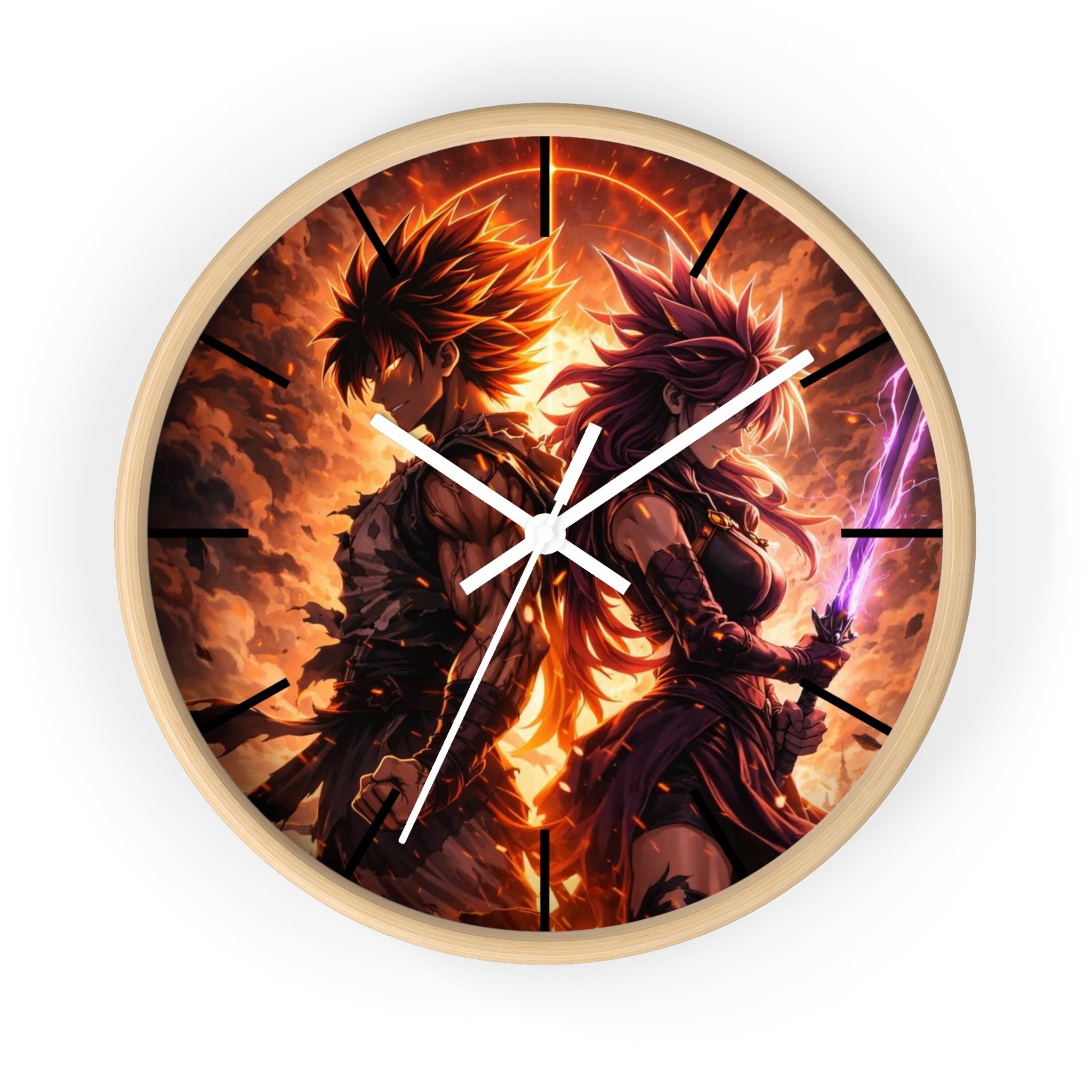 Fiery Warrior Duo Wall Clock | Fantasy Anime Swordfighters, Glowing Battle Scene
