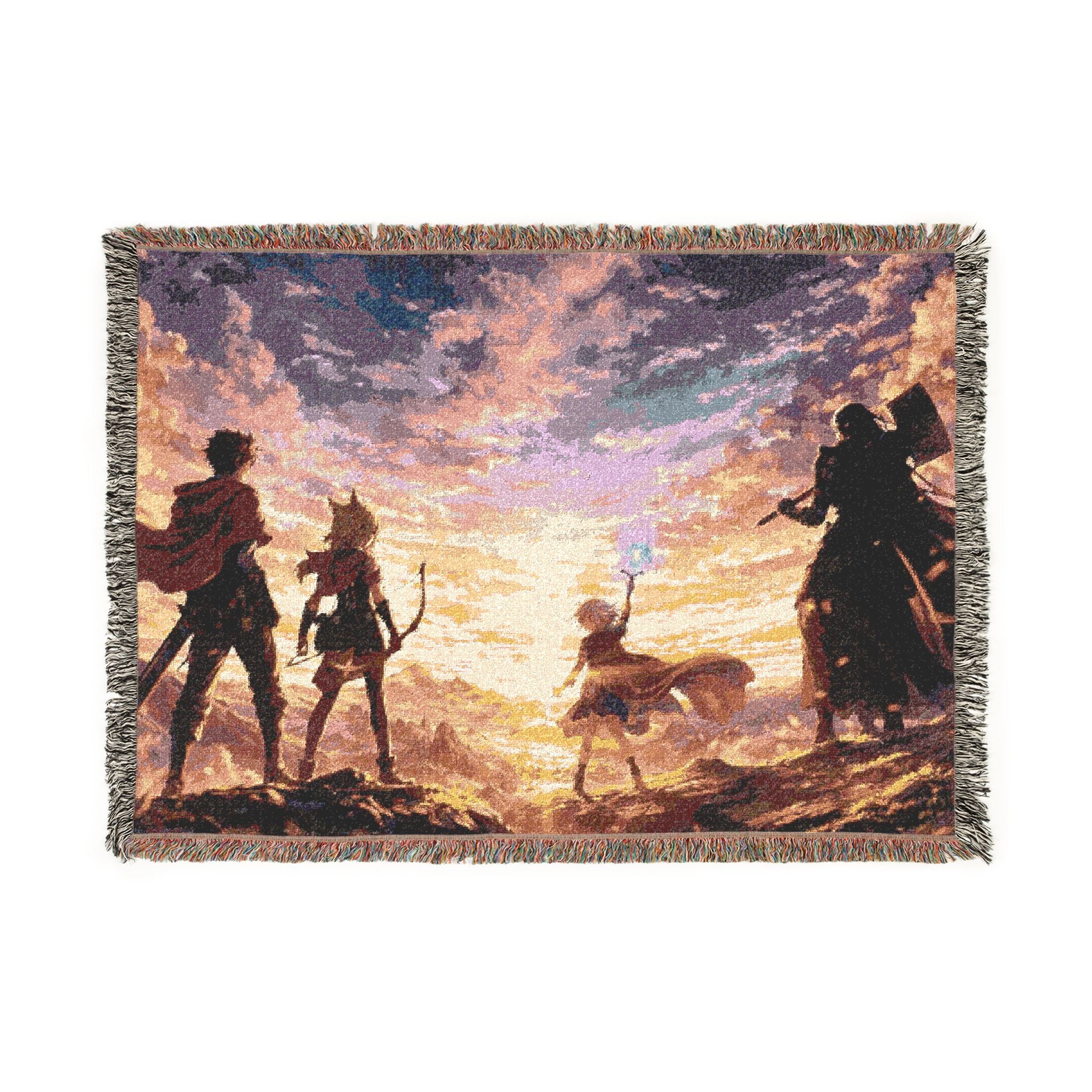 Sunset Anime Silhouettes Woven Blanket | Pixel Art Sunset Scene