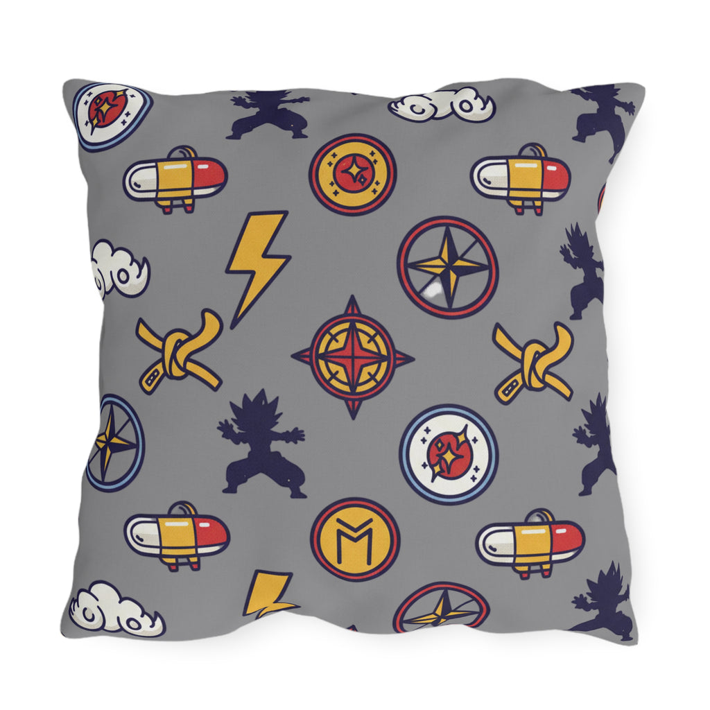 Adventure Icons Outdoor Pillow — Compass, Lightning & Explorer Patch Pattern