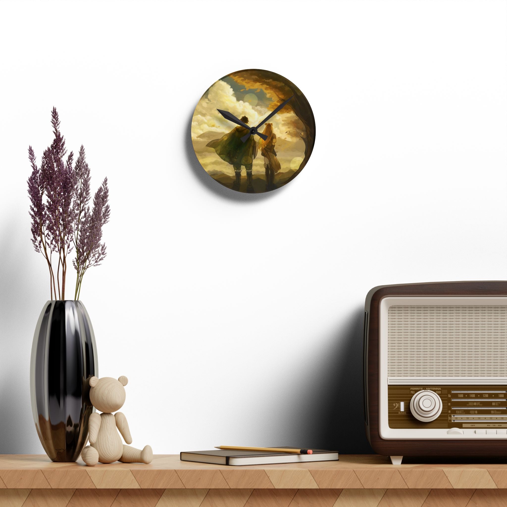 Sunlit Companions Acrylic Wall Clock | Fantasy Landscape, Cozy Atmosphere
