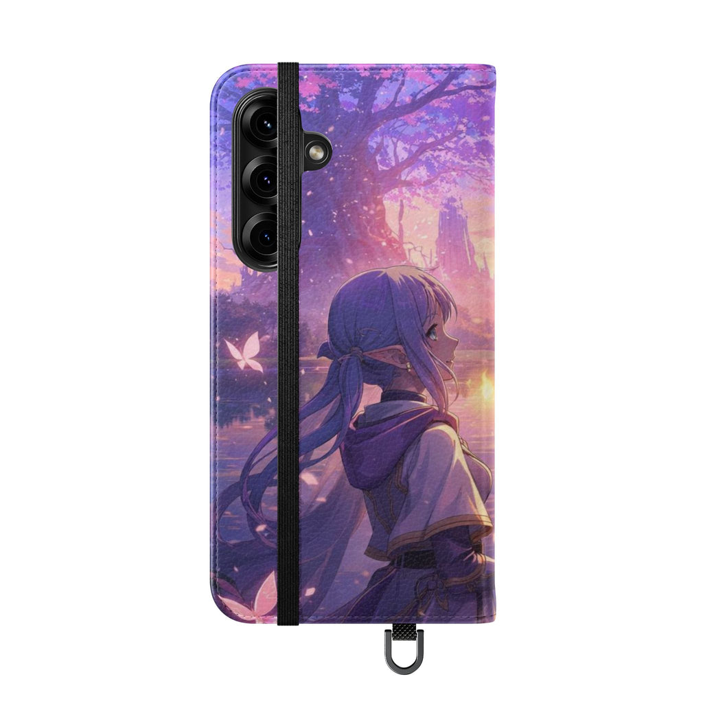 Anime Landscape Flip Phone Case — Fantasy Sunset Genshin-Style Wallet Cover