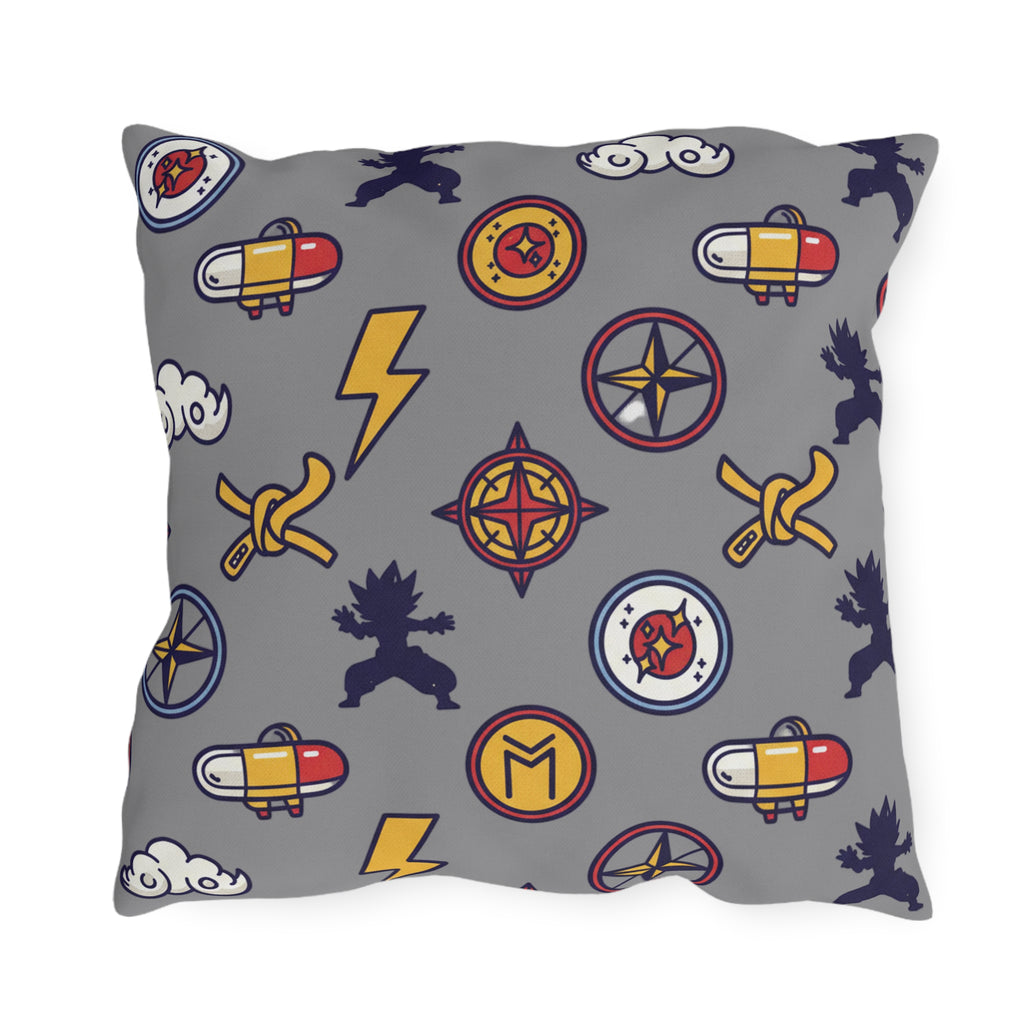 Adventure Icons Outdoor Pillow — Compass, Lightning & Explorer Patch Pattern