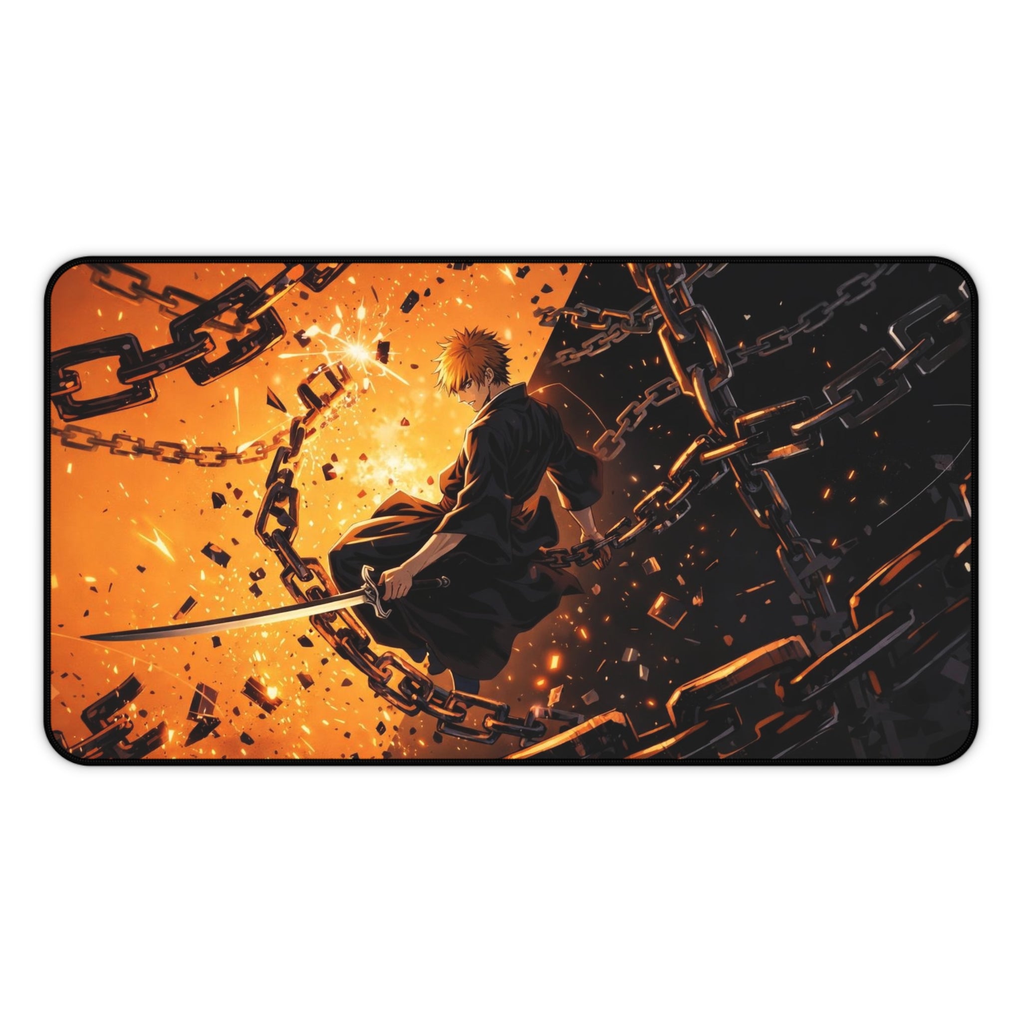 Anime Sword Warrior Desk Mat — Fiery Chains Gaming Mouse Pad
