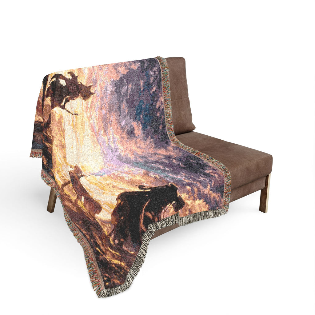 Sunset Anime Silhouettes Woven Blanket | Pixel Art Sunset Scene