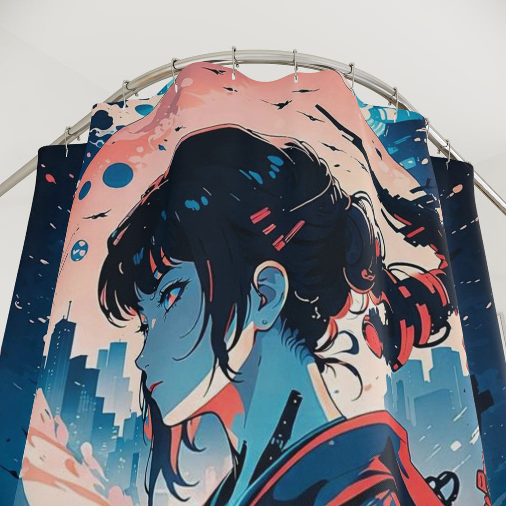 Samurai Girl Moonlight Shower Curtain | Anime Cityscape Bathroom Decor