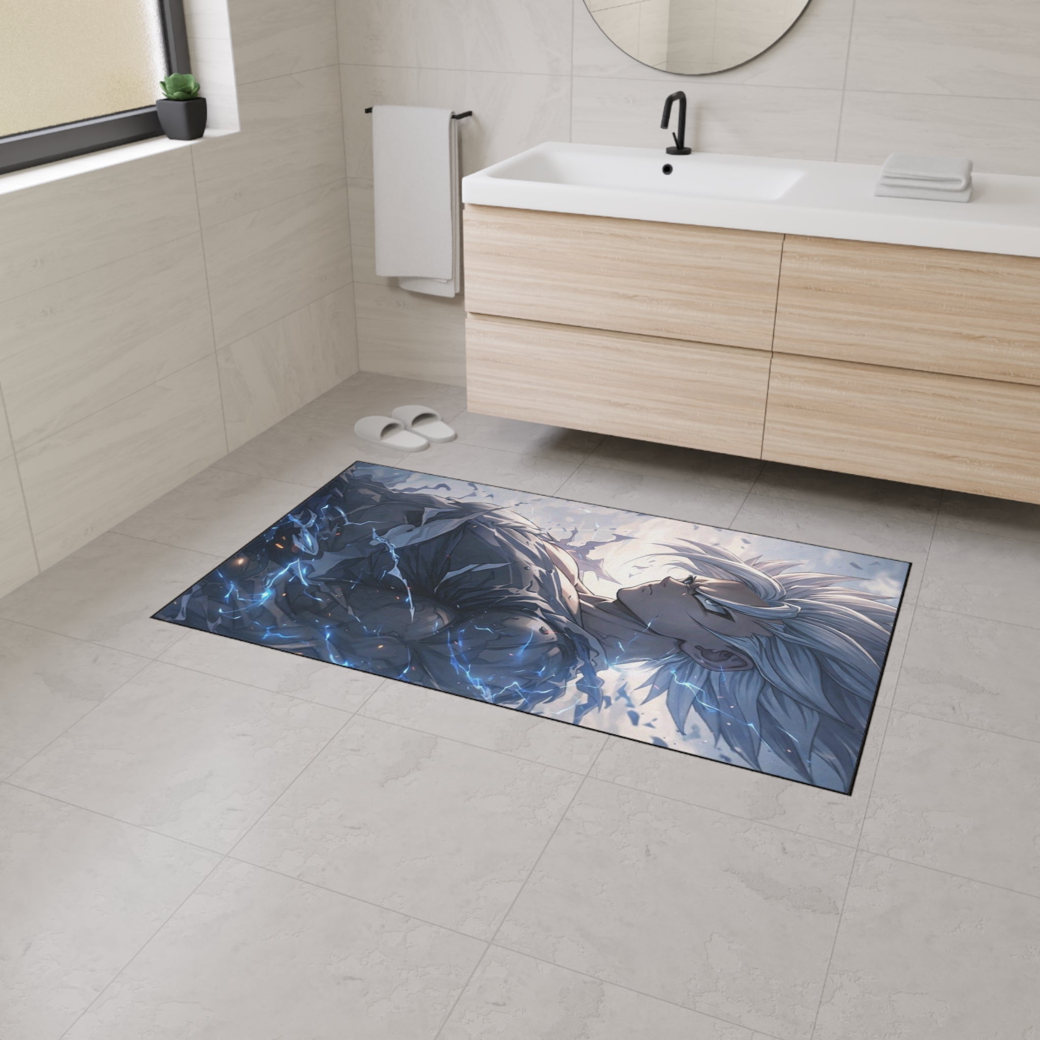 White-Haired Anime Warrior floor mat | Gaming Room Decor, Non-Slip Rug