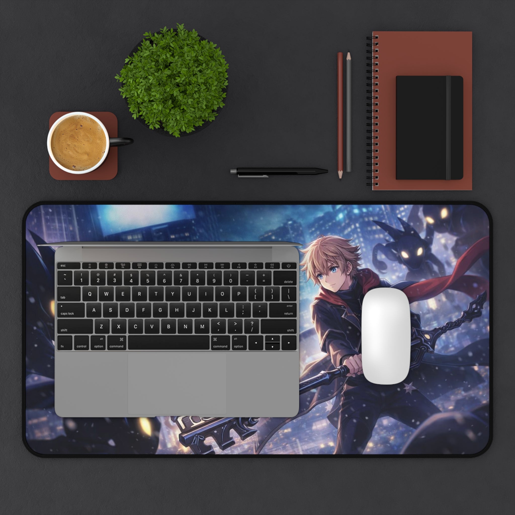 Anime Battle Desk Mat — Hero with Keyblade in Neon City