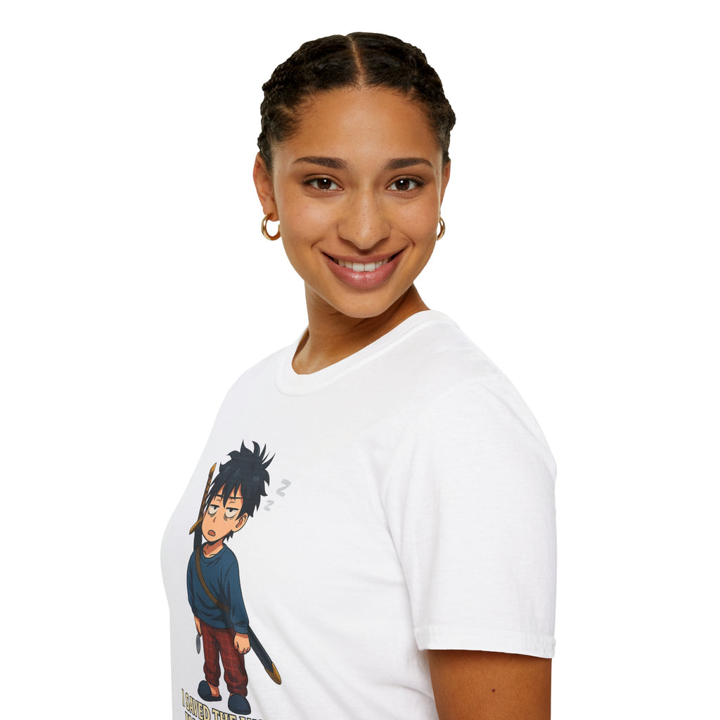 I Saved the World... In My Sleep Unisex Softstyle T-Shirt | Perfect for Sleep Lovers, Casual Wear, Gifts, Anime Fans, Fun Tee
