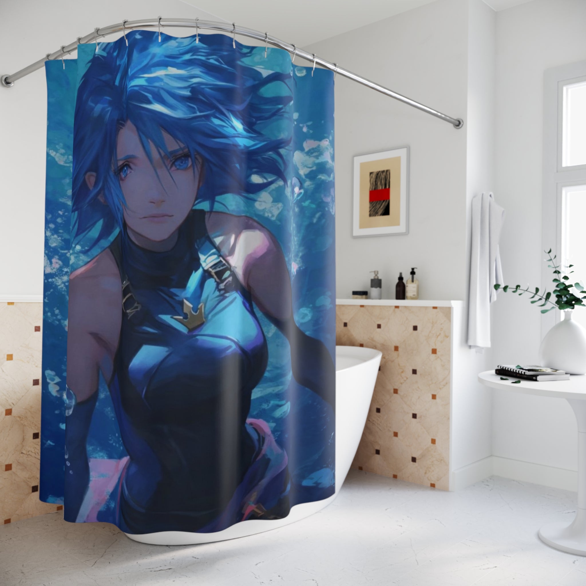 Underwater Blue Anime Girl Shower Curtain | Ocean Fantasy Bathroom Decor