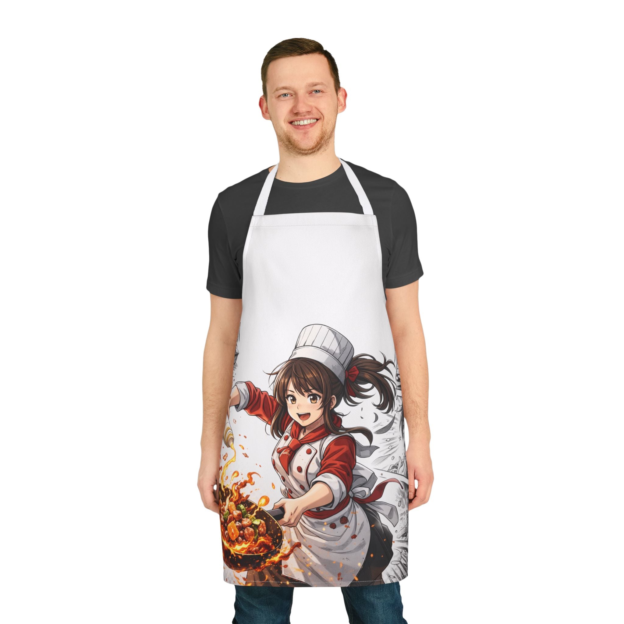 Anime Female Chef Wok Tossing Apron | Cooking Kitchen Apron with Chef Character