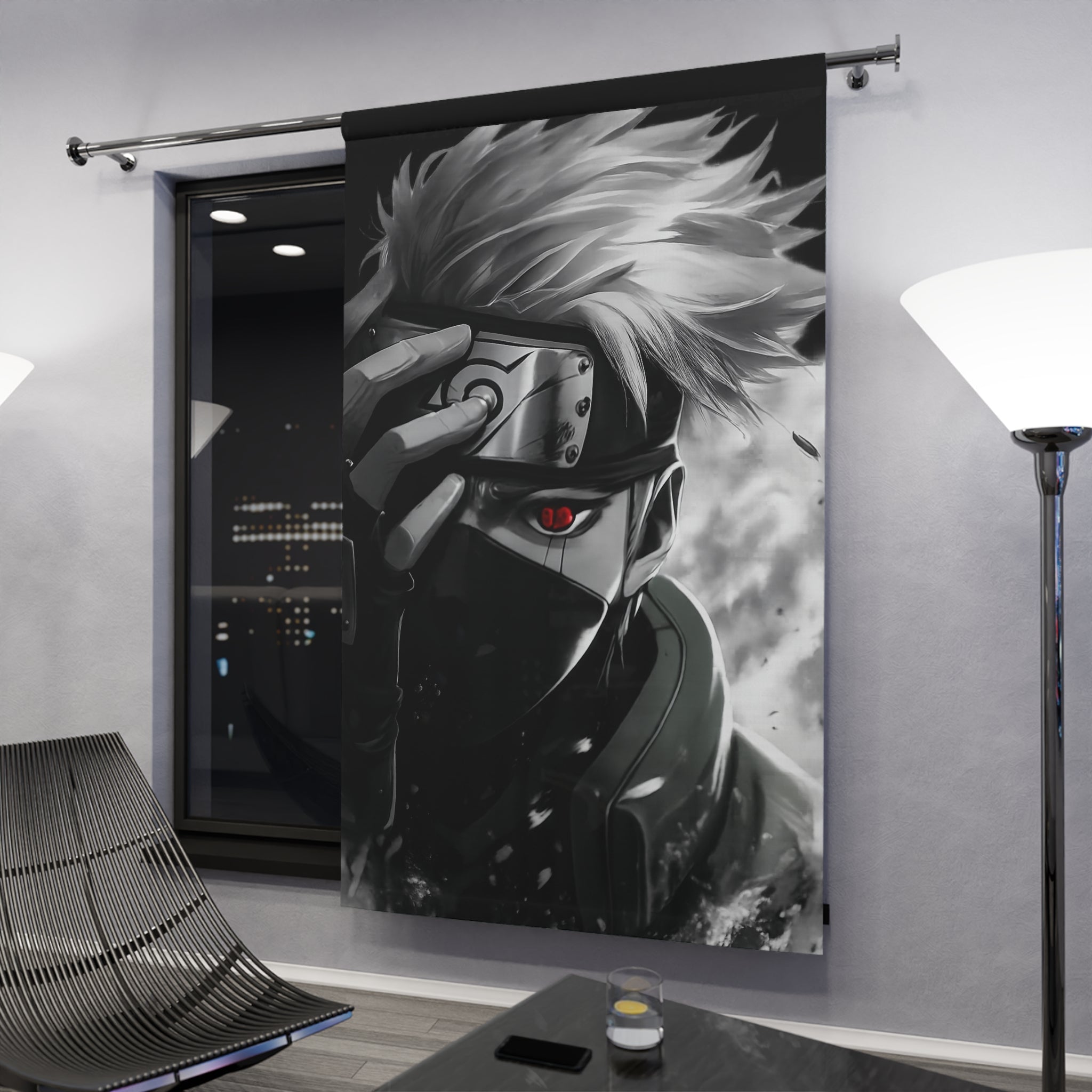 Masked Ninja Character Window Curtain | Anime Style, Red Eye, Black White