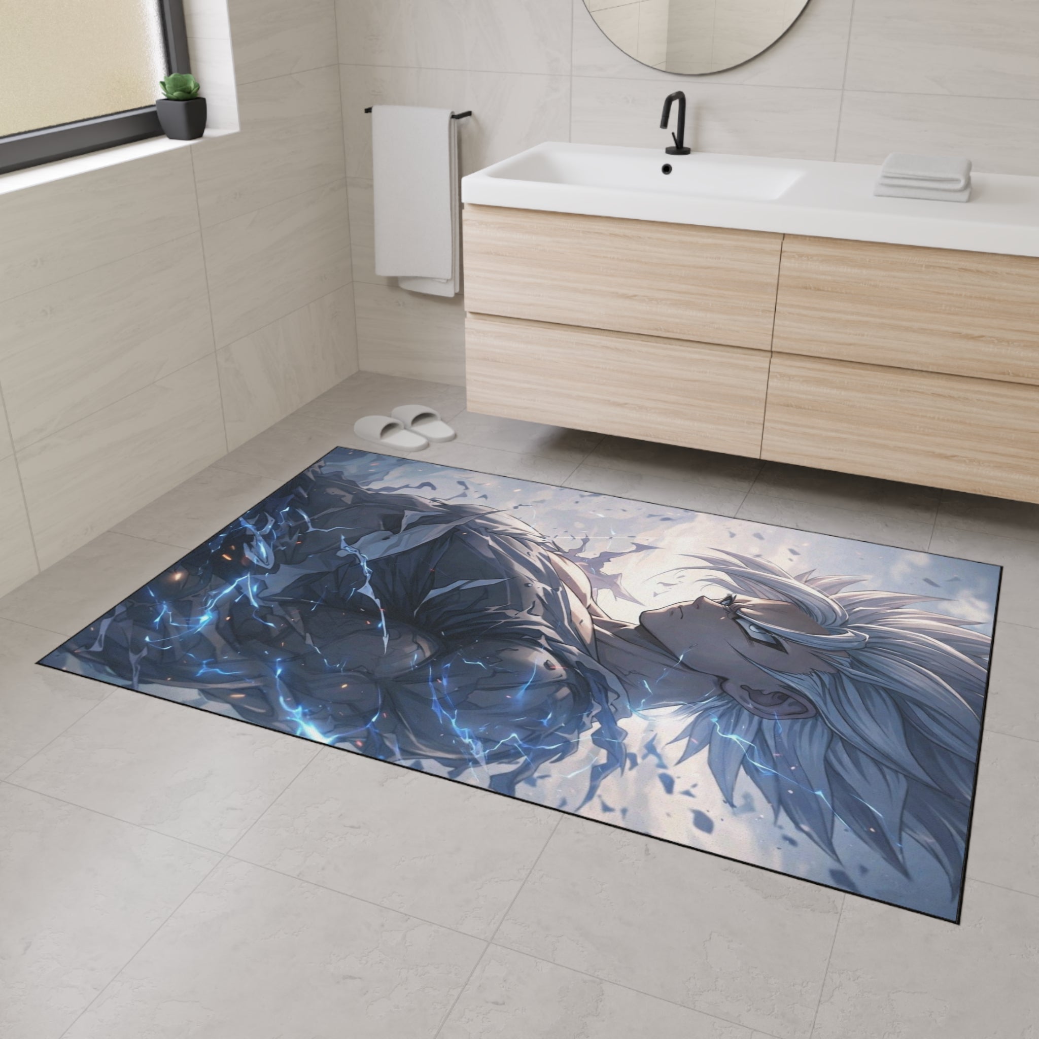 White-Haired Anime Warrior floor mat | Gaming Room Decor, Non-Slip Rug