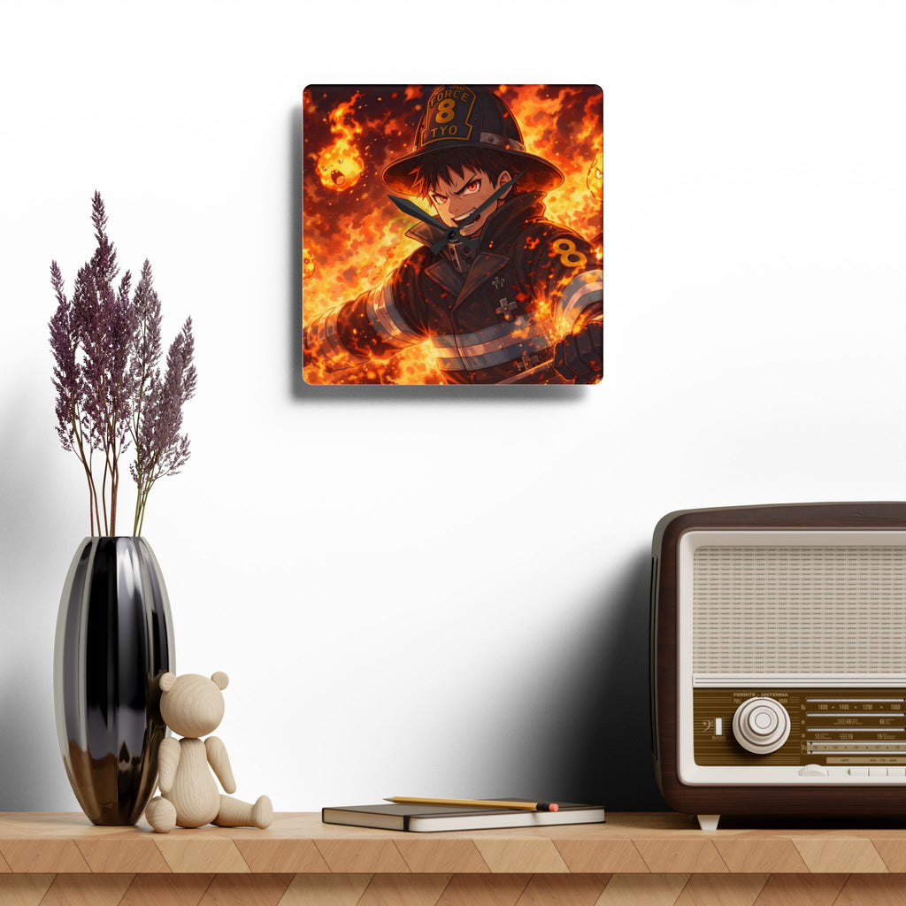 Flaming Firefighter Anime Acrylic Wall Clock | Squad 8