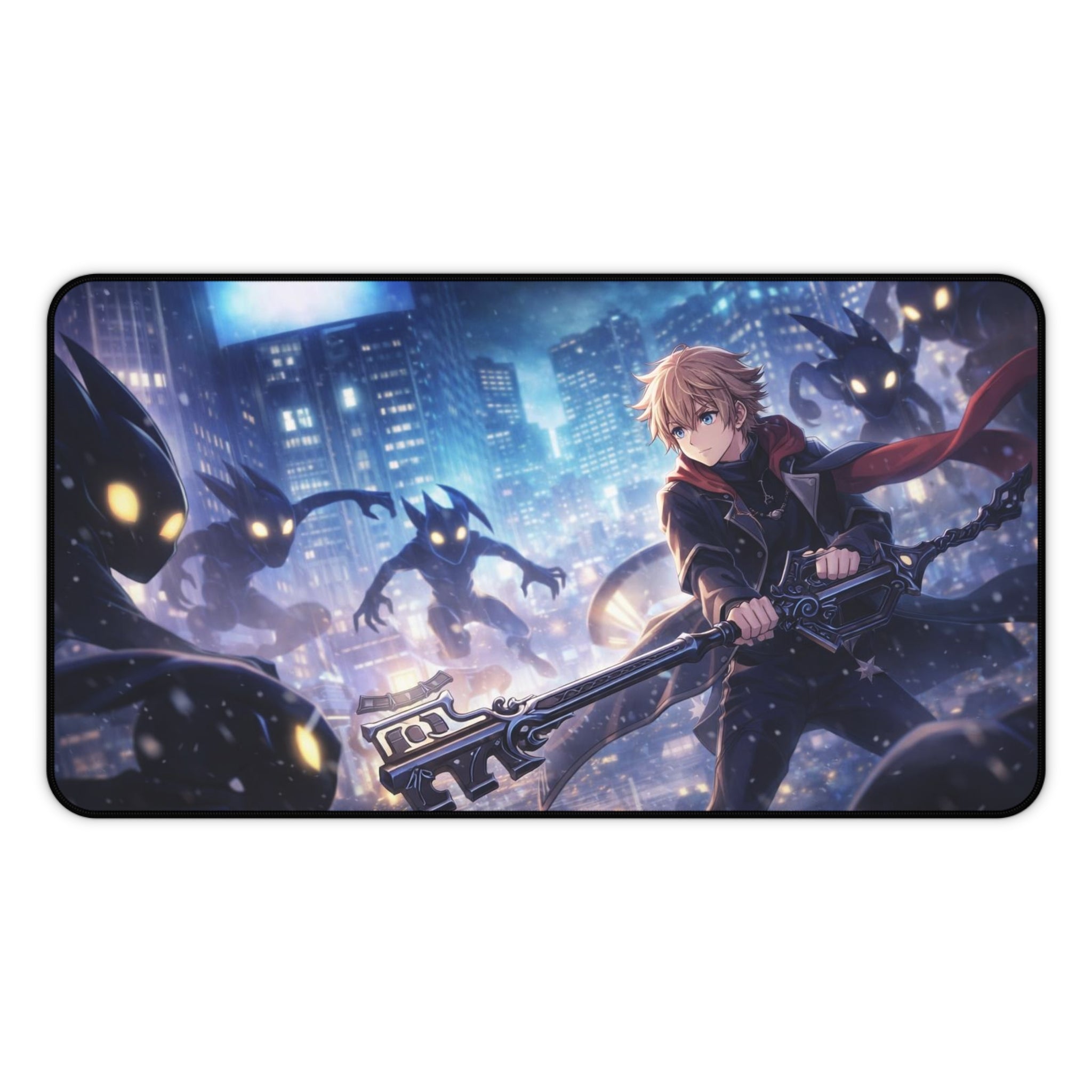 Anime Battle Desk Mat — Hero with Keyblade in Neon City