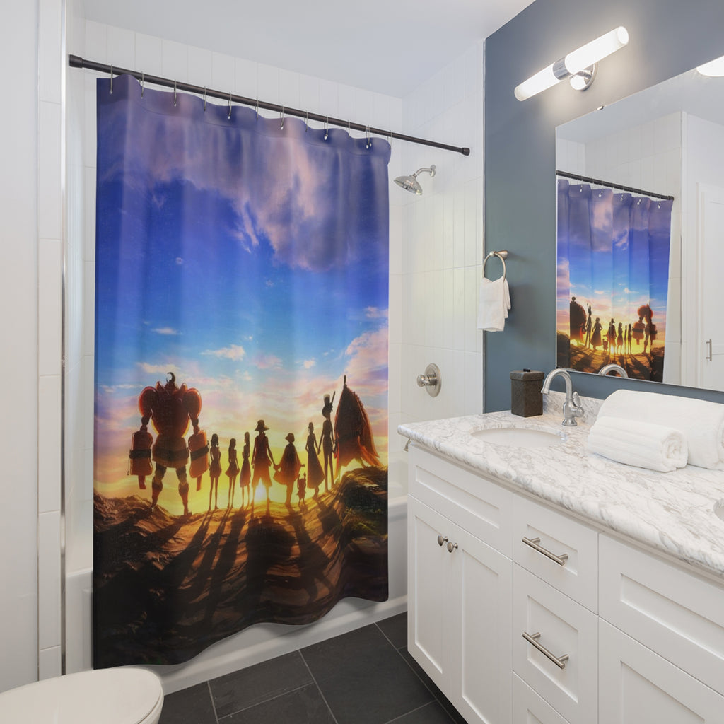 Silhouetted Crew at Sunset Shower Curtain | Ocean Sky Adventure Scene