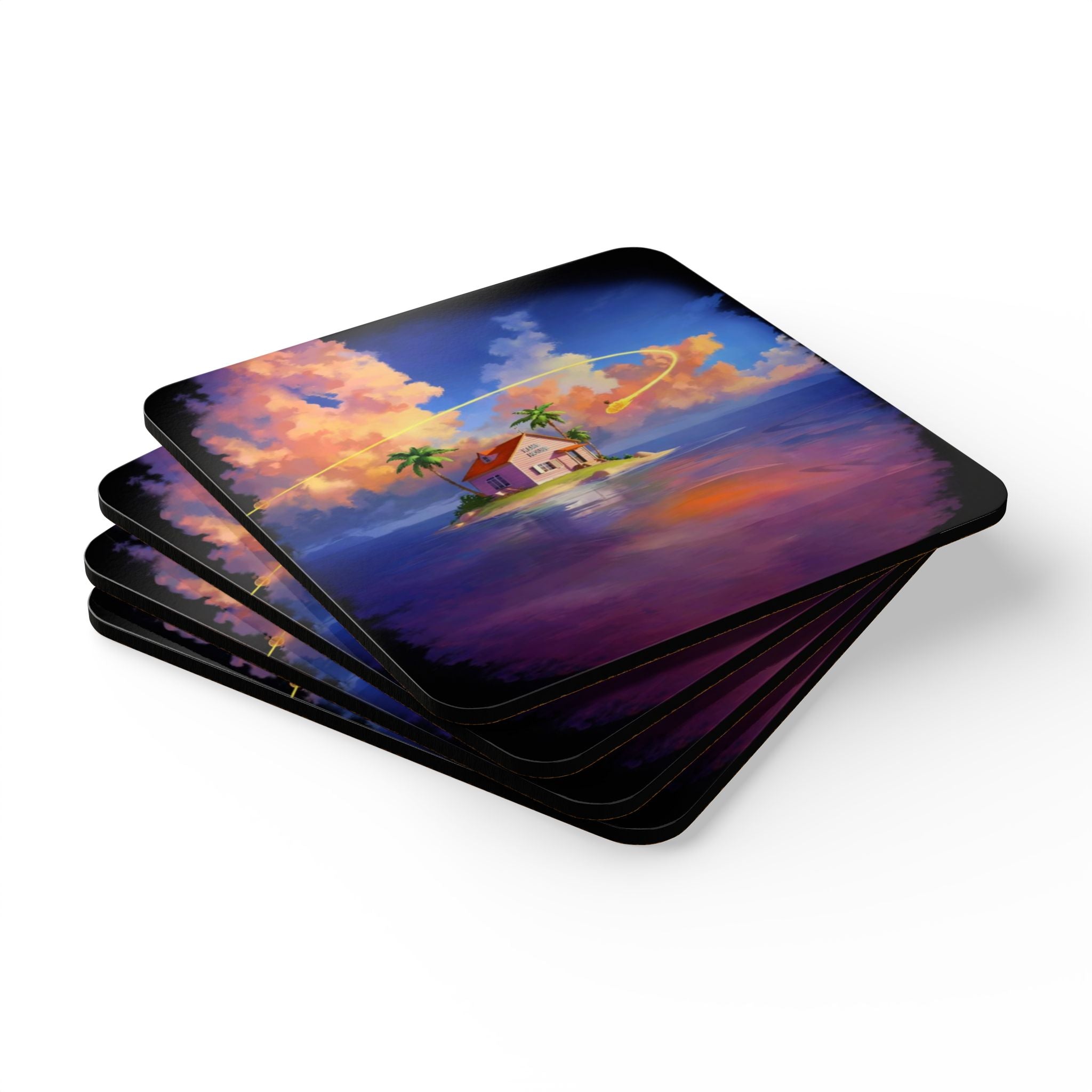 Tropical Island Cottage Corkwood Coaster Set | Sunset Clouds Artwork