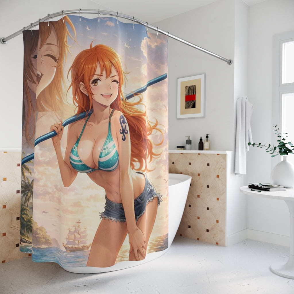 Anime Beach Shower Curtain — Cute Redhead Mermaid Swimsuit Design