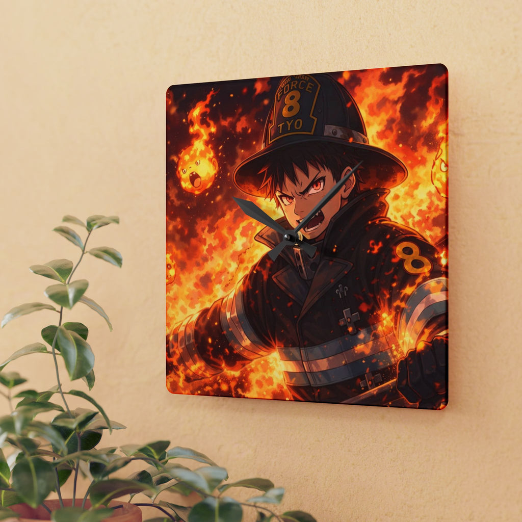Flaming Firefighter Anime Acrylic Wall Clock | Squad 8