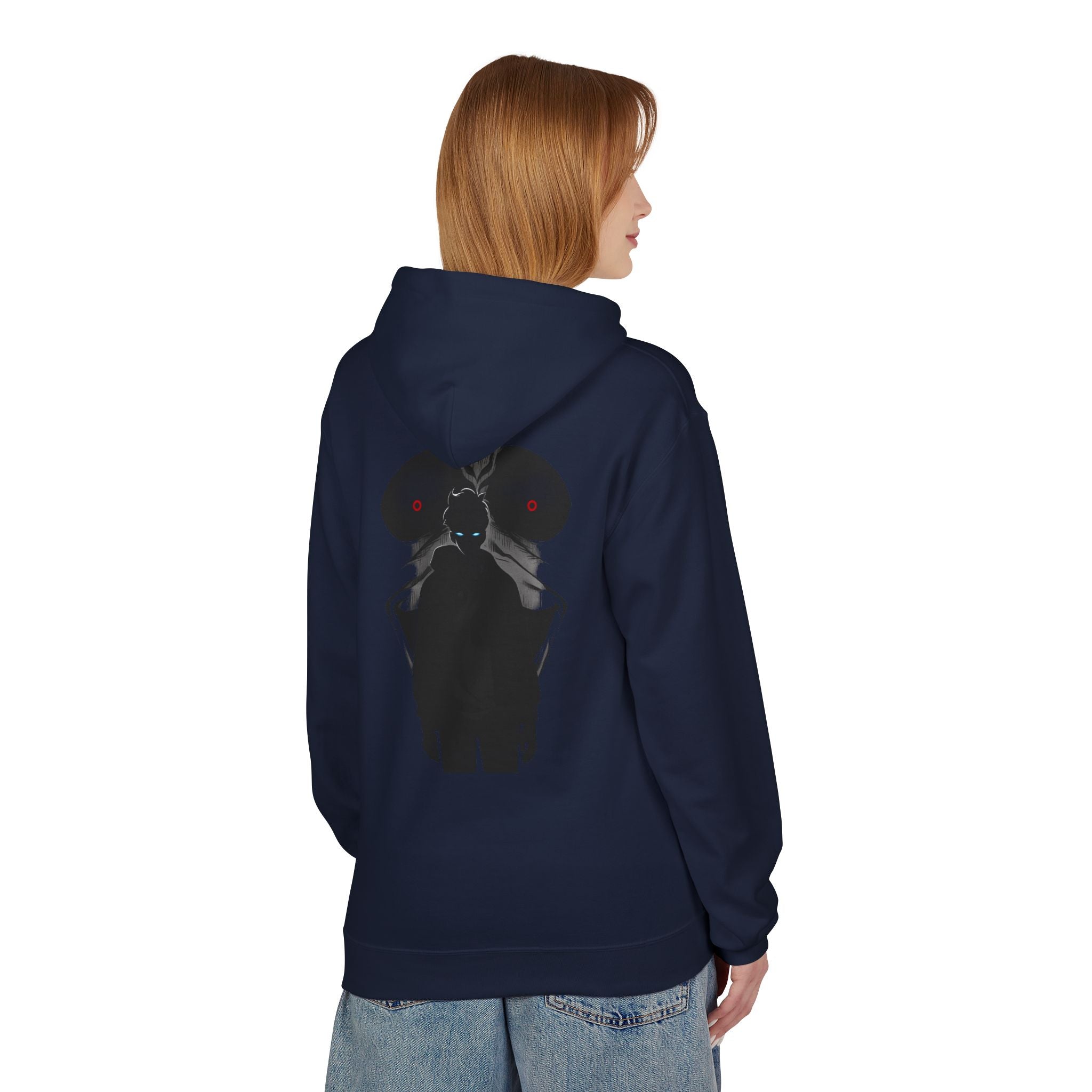 Solo Leveling silhouette design Hoodie | dark anime backprint, small chest logo