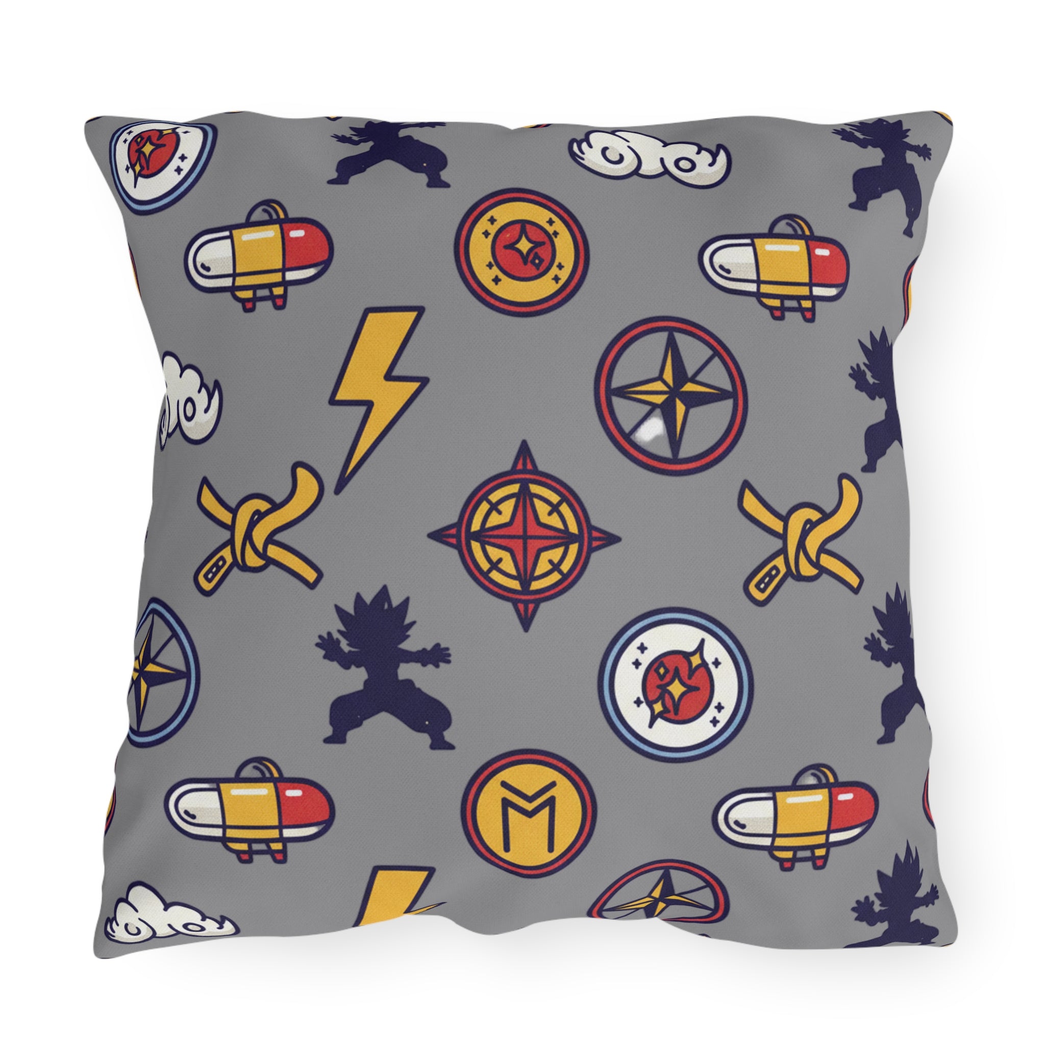 Adventure Icons Outdoor Pillow — Compass, Lightning & Explorer Patch Pattern