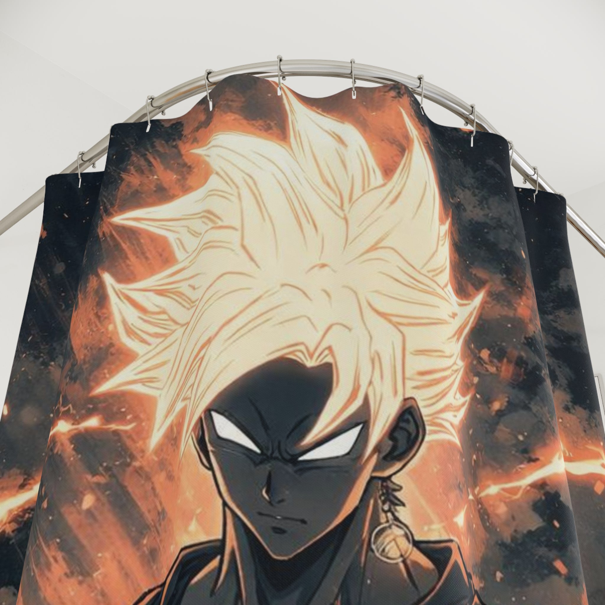 Flaming Super Saiyan Shower Curtain | Anime Warrior Bathroom Decor