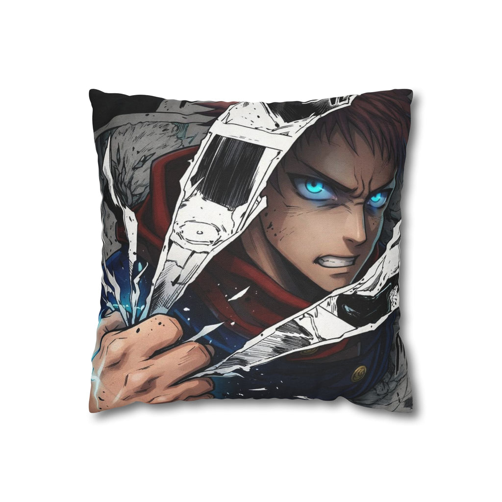 Angry Anime Warrior Spun Polyester Square Pillowcase | Blue Glowing Eyes