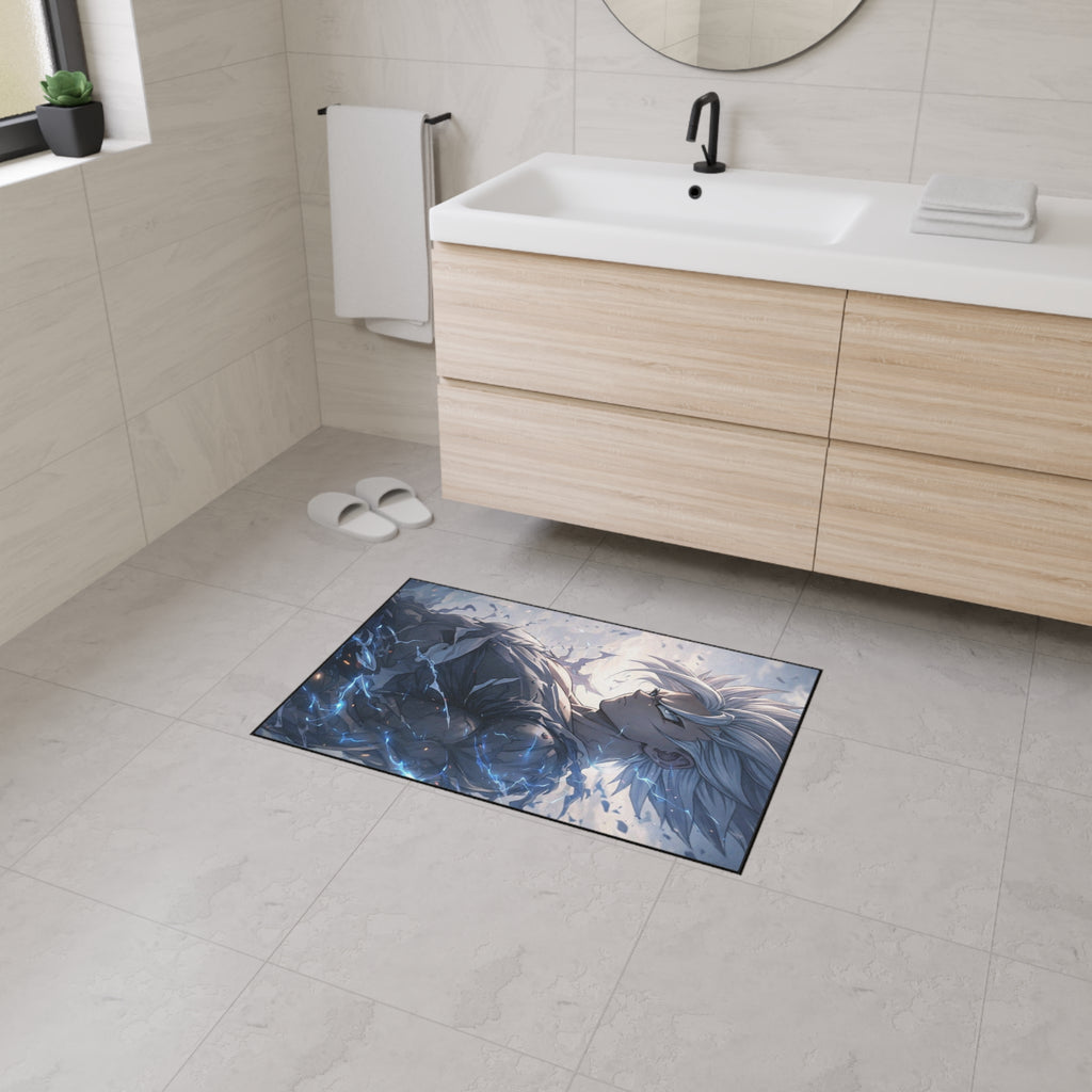 White-Haired Anime Warrior floor mat | Gaming Room Decor, Non-Slip Rug