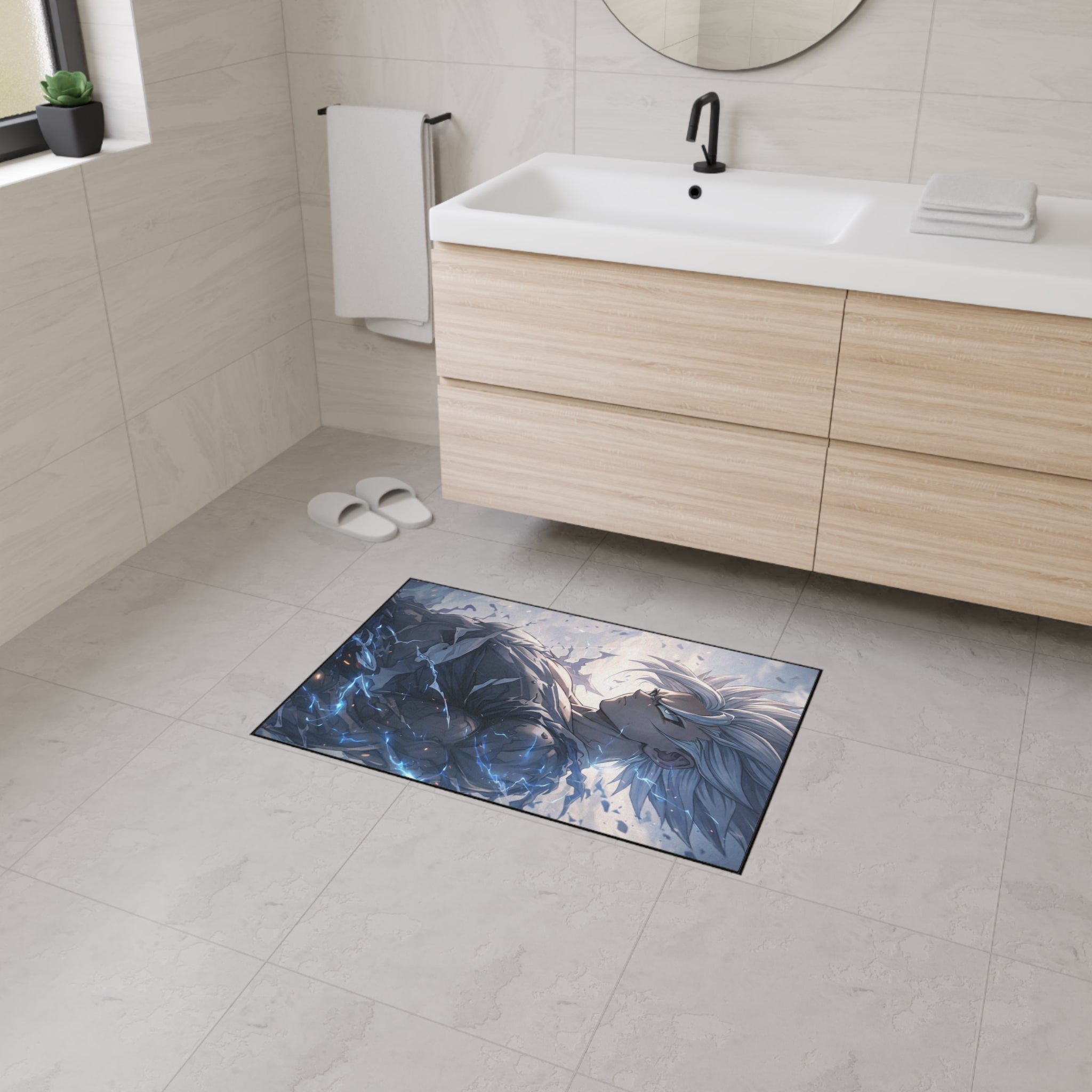 White-Haired Anime Warrior floor mat | Gaming Room Decor, Non-Slip Rug