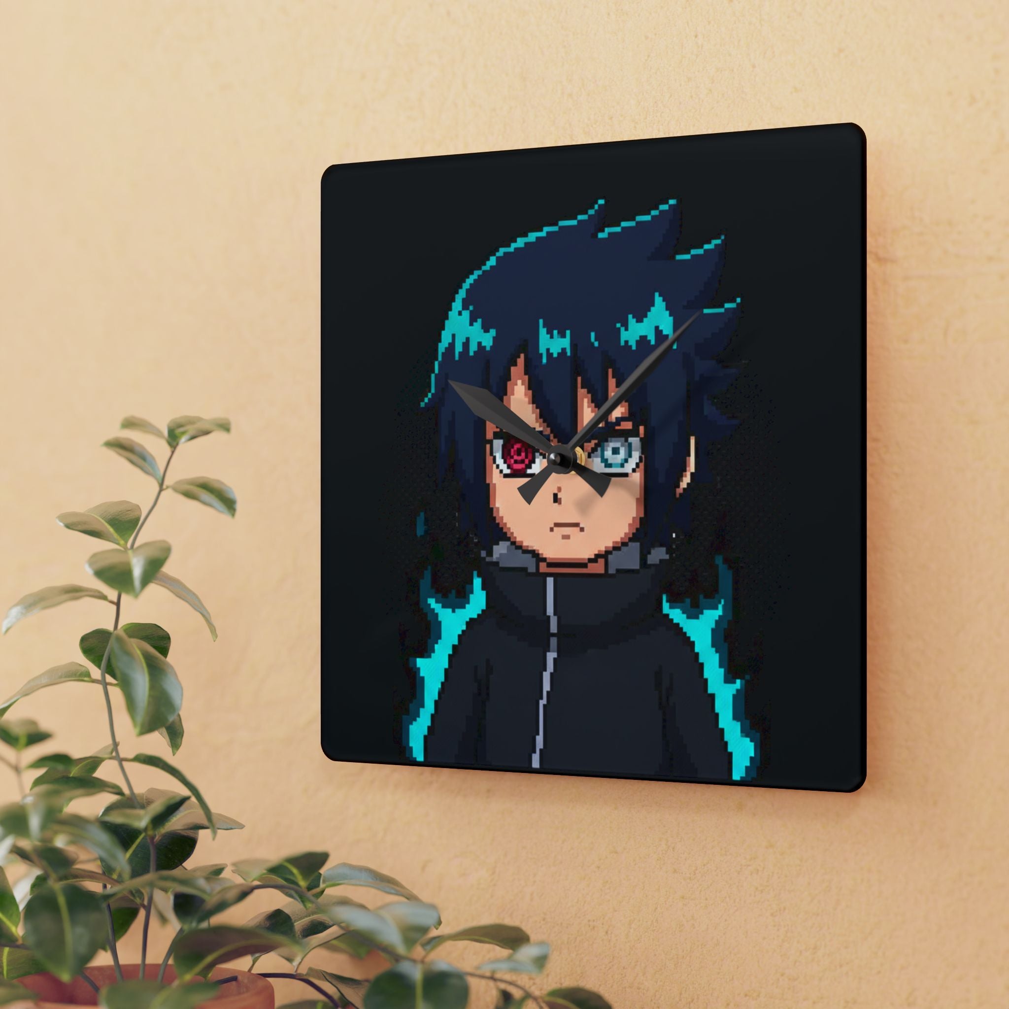 Pixel Anime Character Acrylic Wall Clock — Dual-Eye Neon Gamer Decor