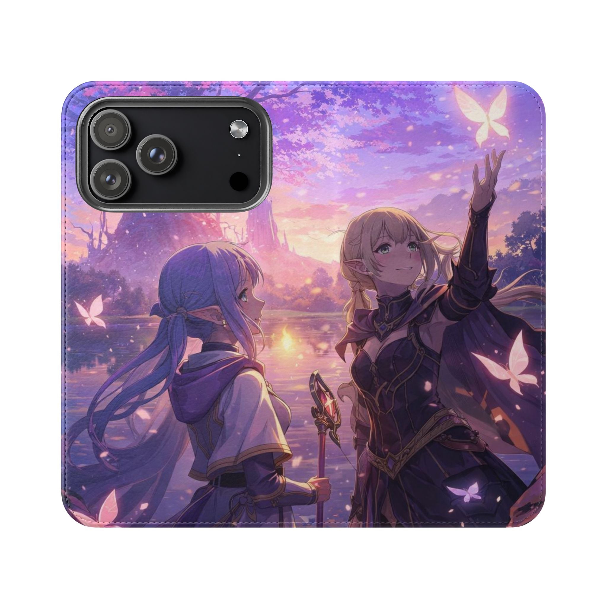 Anime Landscape Flip Phone Case — Fantasy Sunset Genshin-Style Wallet Cover