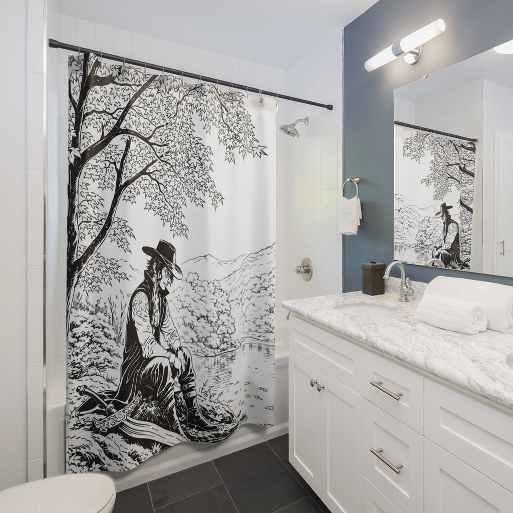 Cowboy by the Lake Shower Curtain | Western Black White Illustration