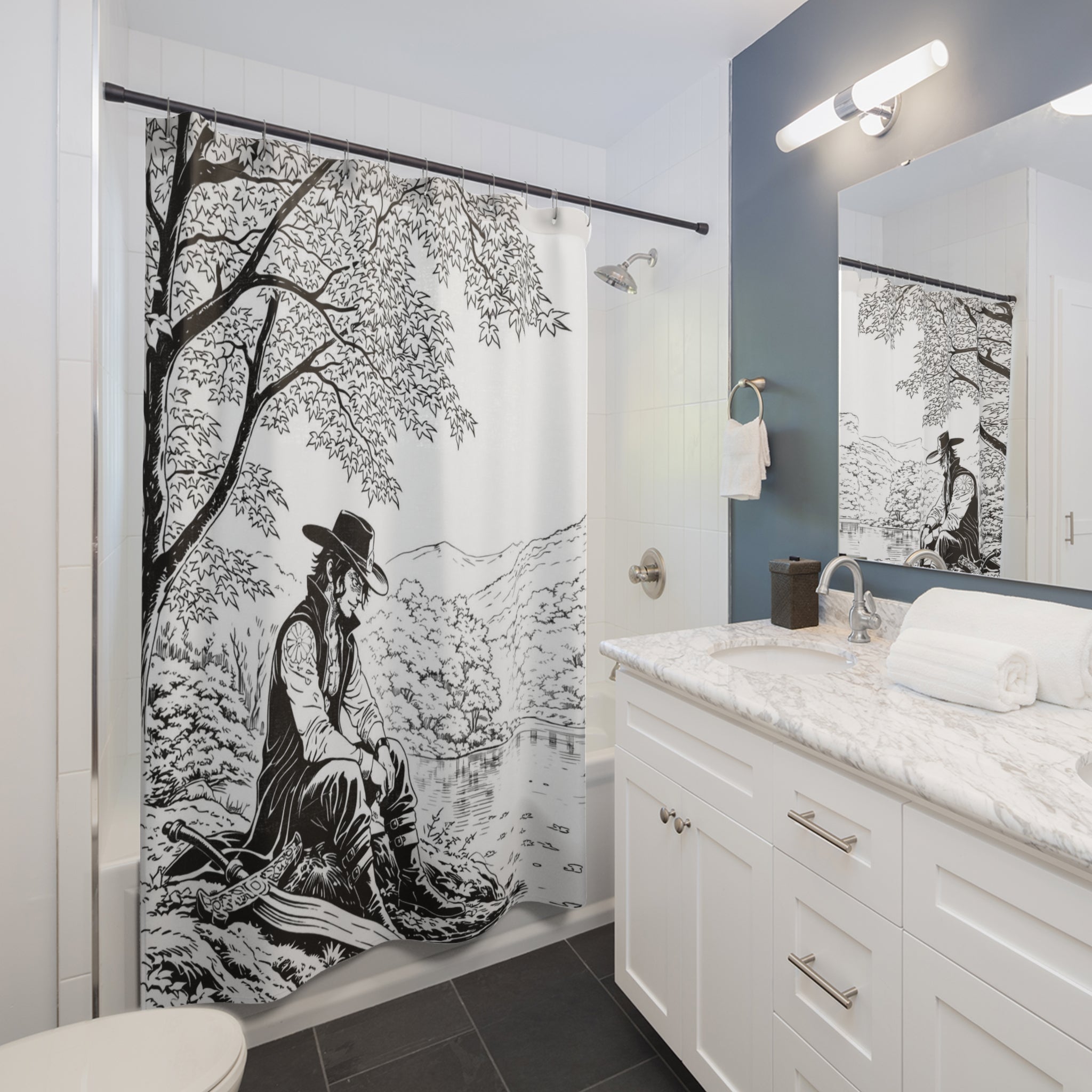 Cowboy by the Lake Shower Curtain | Western Black White Illustration