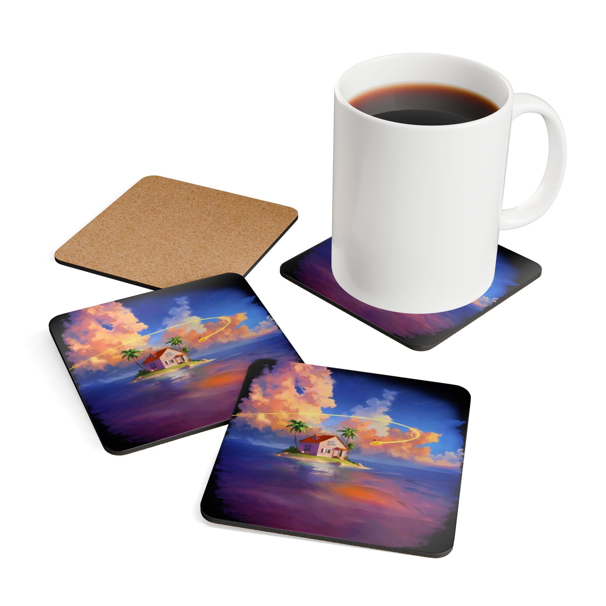 Tropical Island Cottage Corkwood Coaster Set | Sunset Clouds Artwork