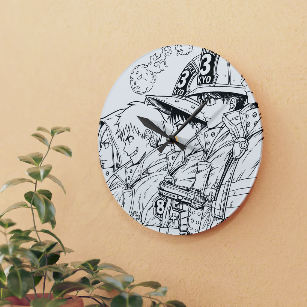 Firefighters Line Art Acrylic Wall Clock | Anime Squad Sketch