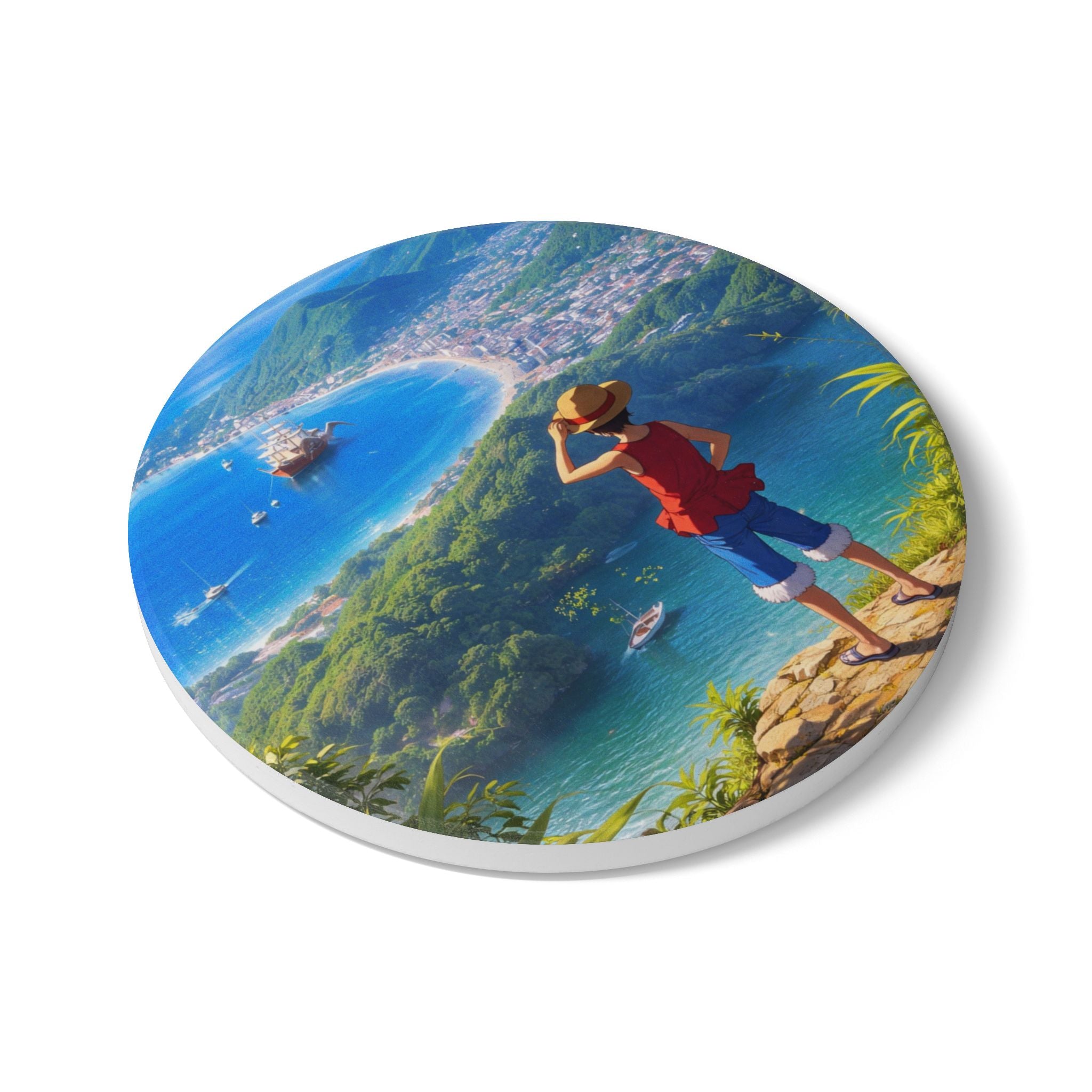 Explorer Boy Overlooking Bay ceramic coaster | coastal landscape, travel scene