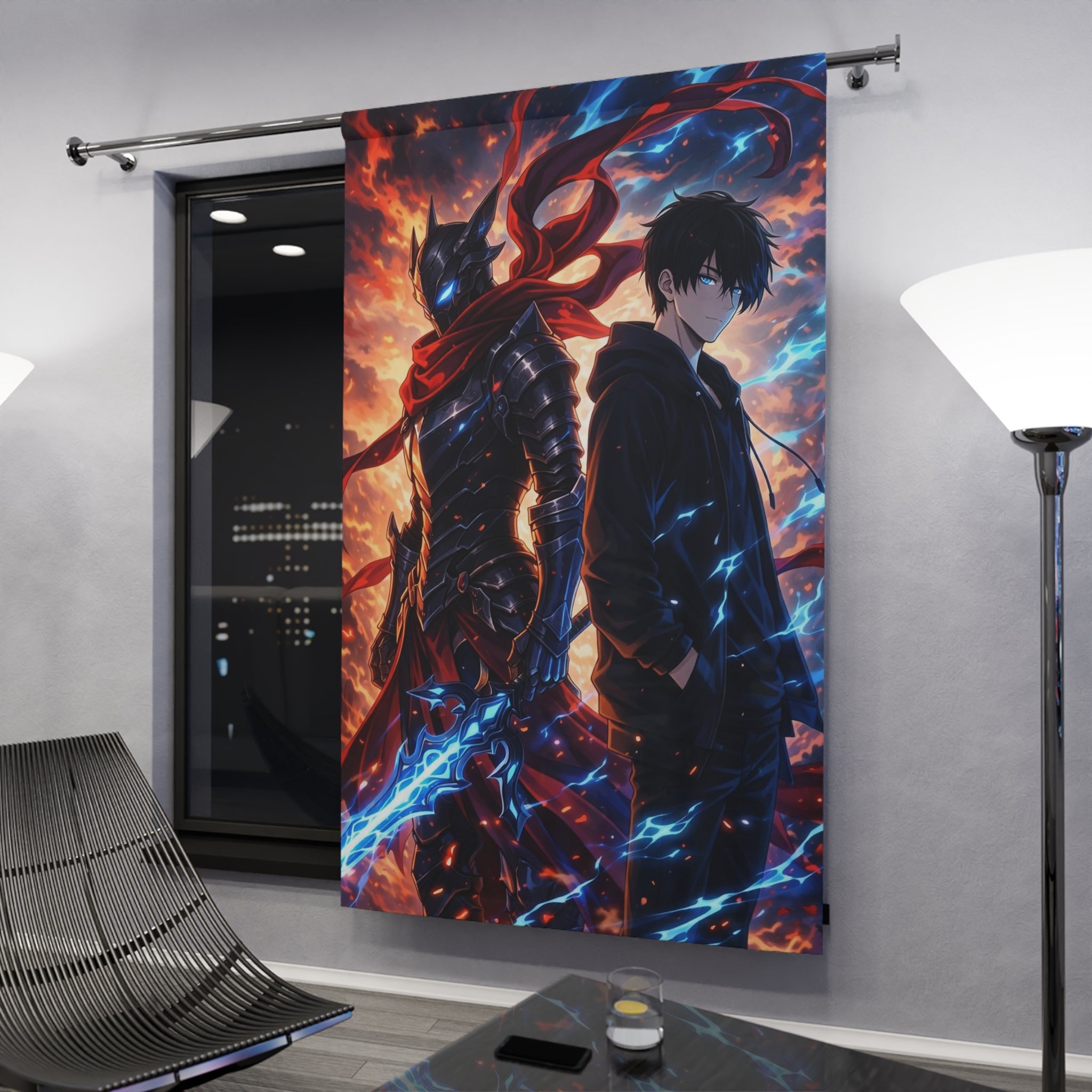 Anime Dark Knight & Hero Window Curtain – Epic Flame & Lightning Wall Drape